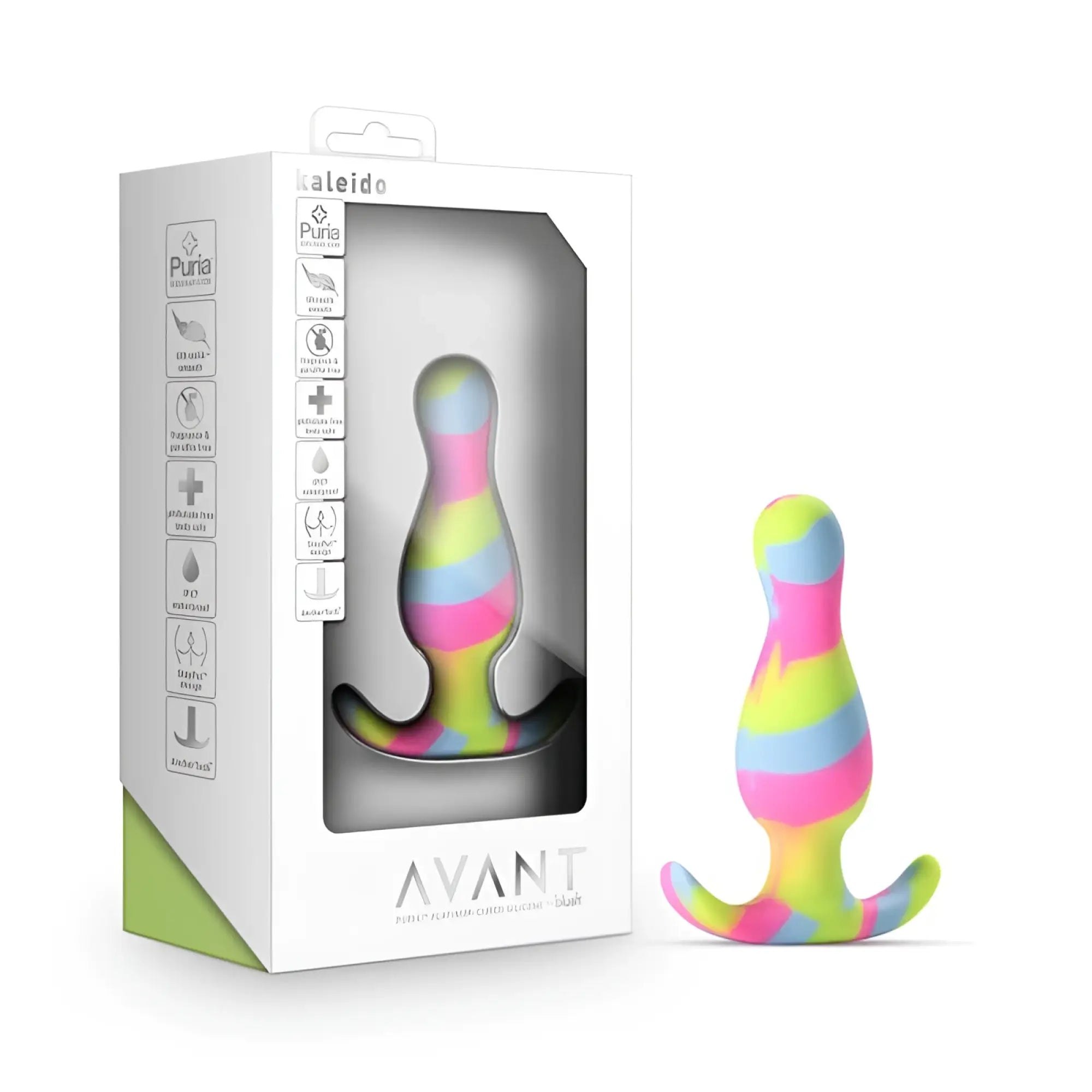 Rainbow-striped silicone anal plug in sleek modern design by kaleido model avant for comfortable intimate use