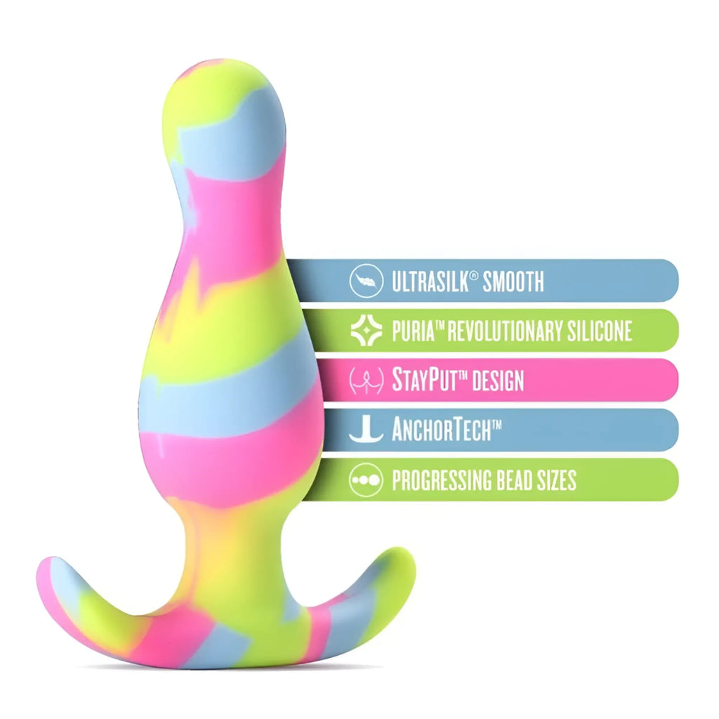 A vibrant multicolored avant avant kaleido lime silicone anal plug with smooth tapered design and curved base