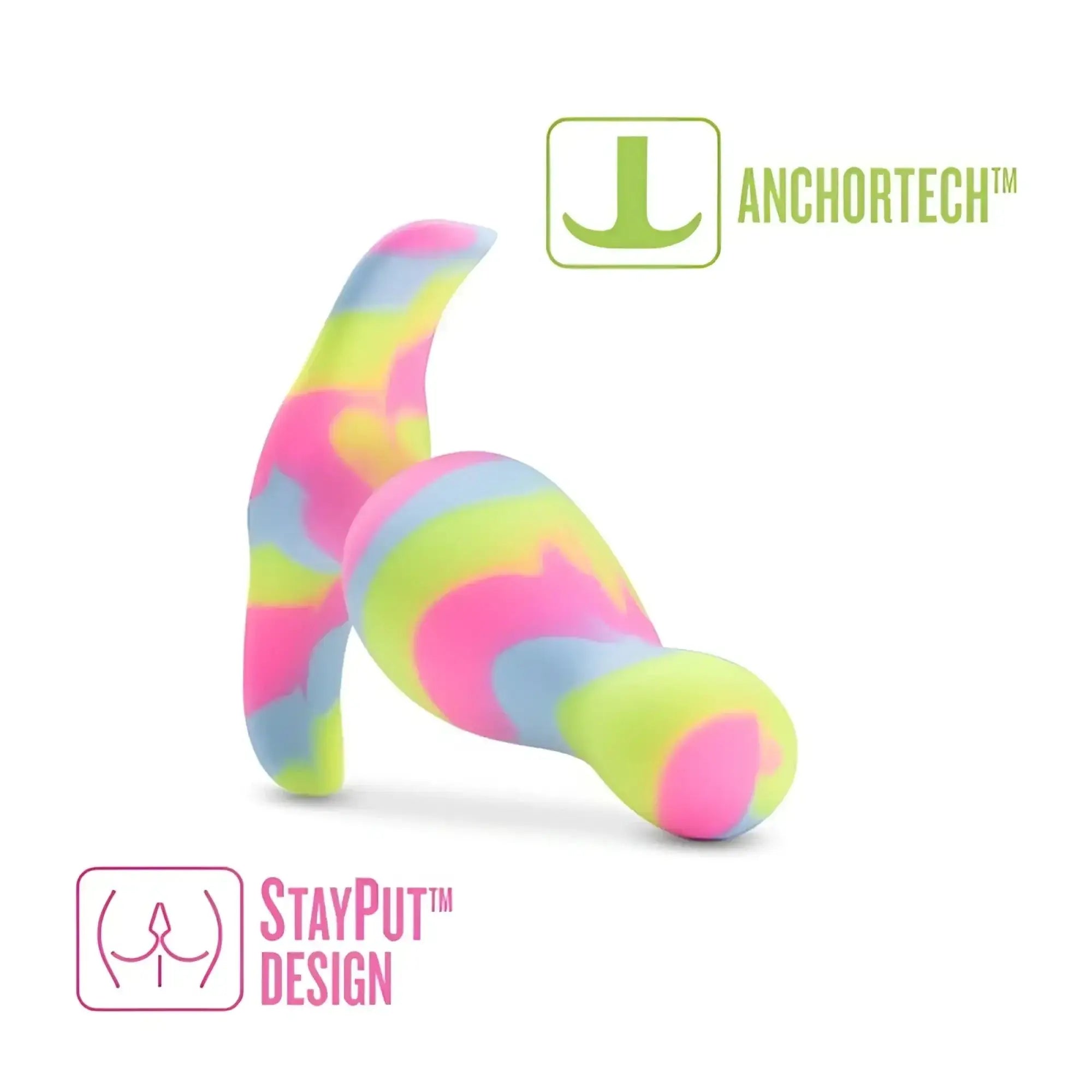 A vibrant rainbow-colored silicone anal plug with a curved design and tapered end avant avant kaleido lime silicone butt plug
