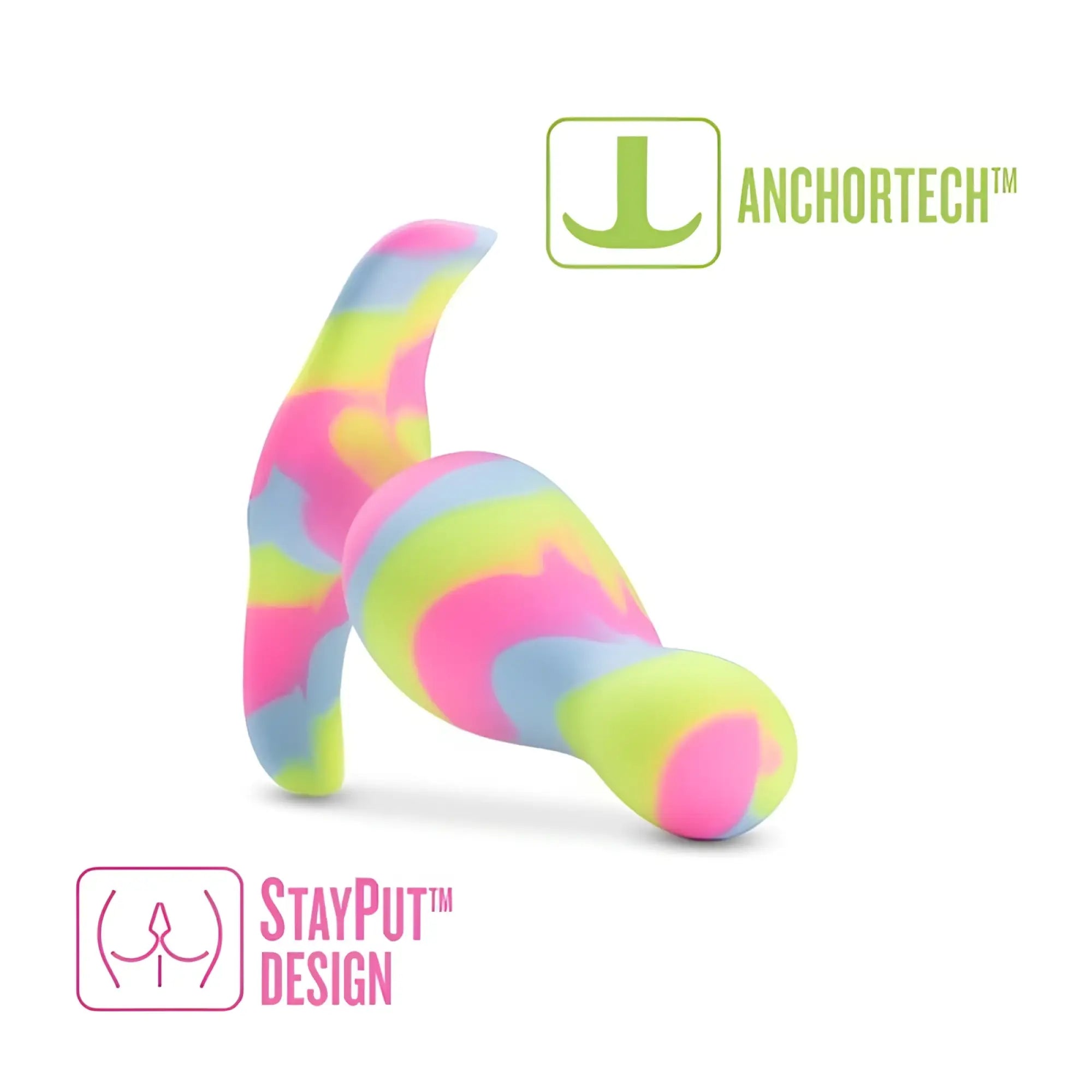 A vibrant rainbow-colored silicone anal plug with a curved design and tapered end avant avant kaleido lime silicone butt plug