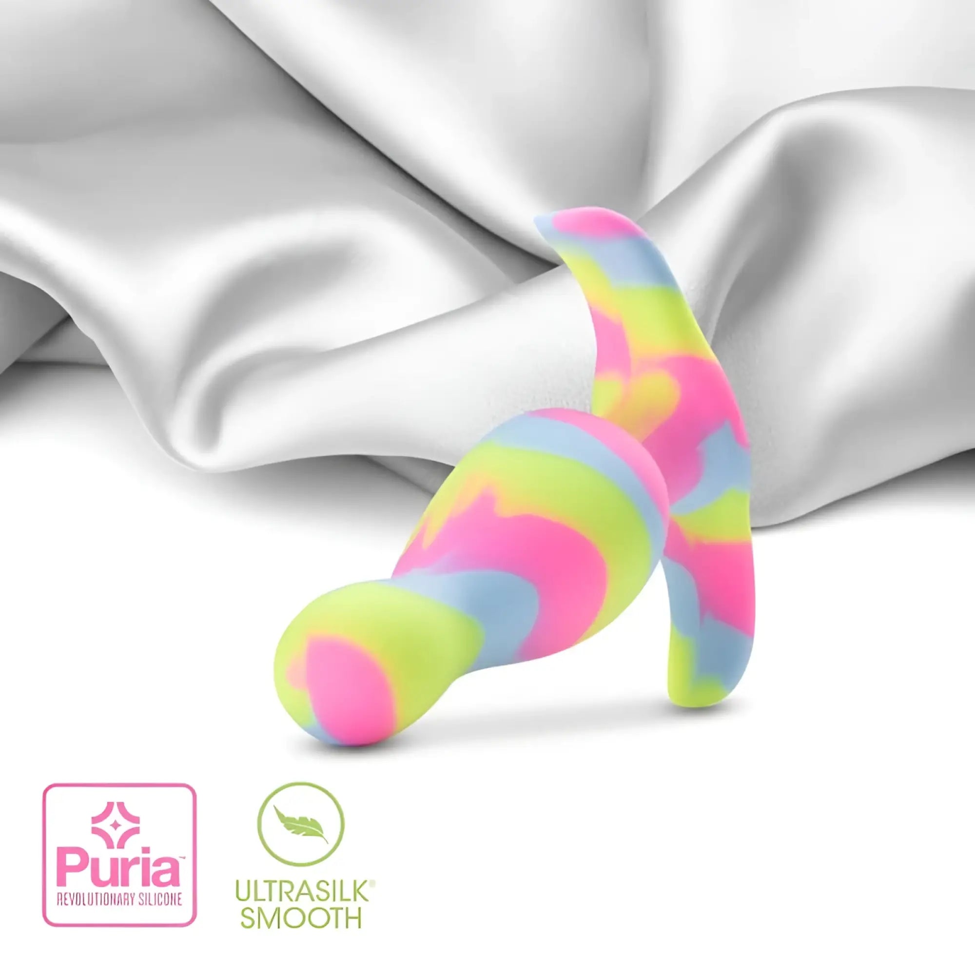 A vibrant rainbow-colored silicone butt plug with a smooth glossy finish and curved design by Avant Avant Kaleido Lime