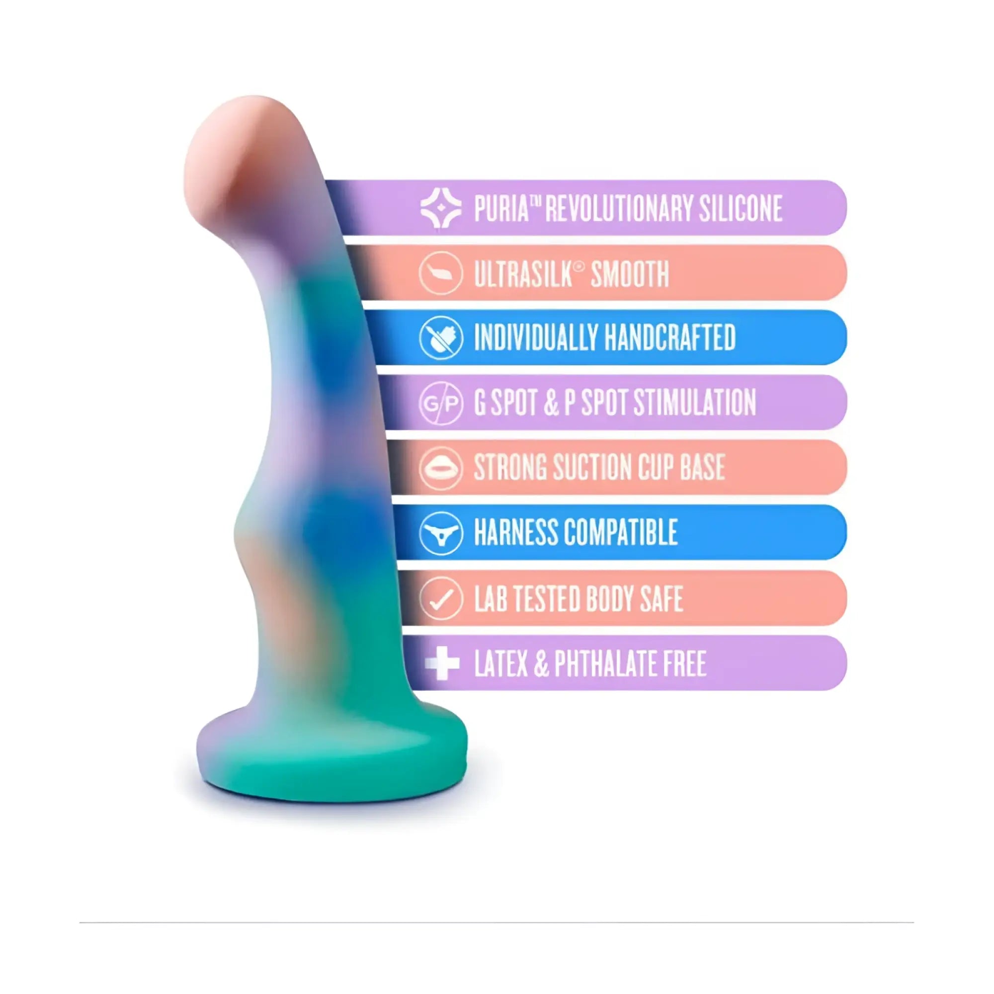 Avant Avant Opal Dreams Aqua silicone dildo in gradient color made from puria for ergonomic use with suction cup base