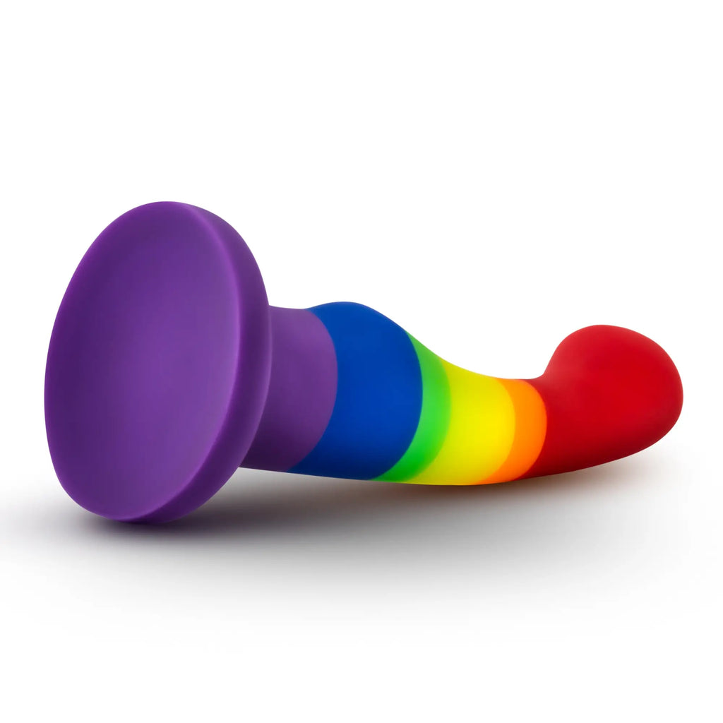 Rainbow-colored silicone anal plug with purple suction cup base from avant avant pride p1 freedom silicone dildo