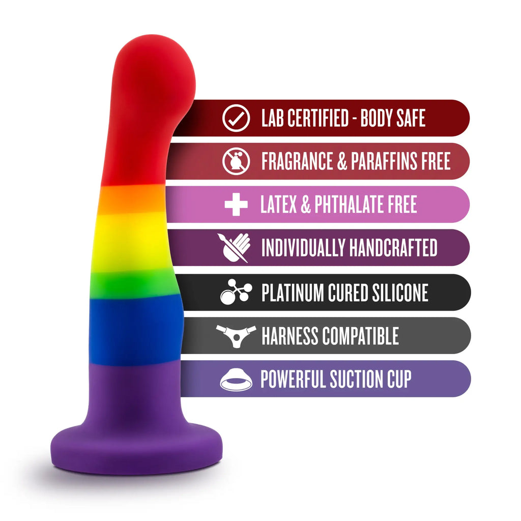 Rainbow-colored platinum cured silicone anal plug with suction cup base avant avant pride p1 freedom silicone dildo