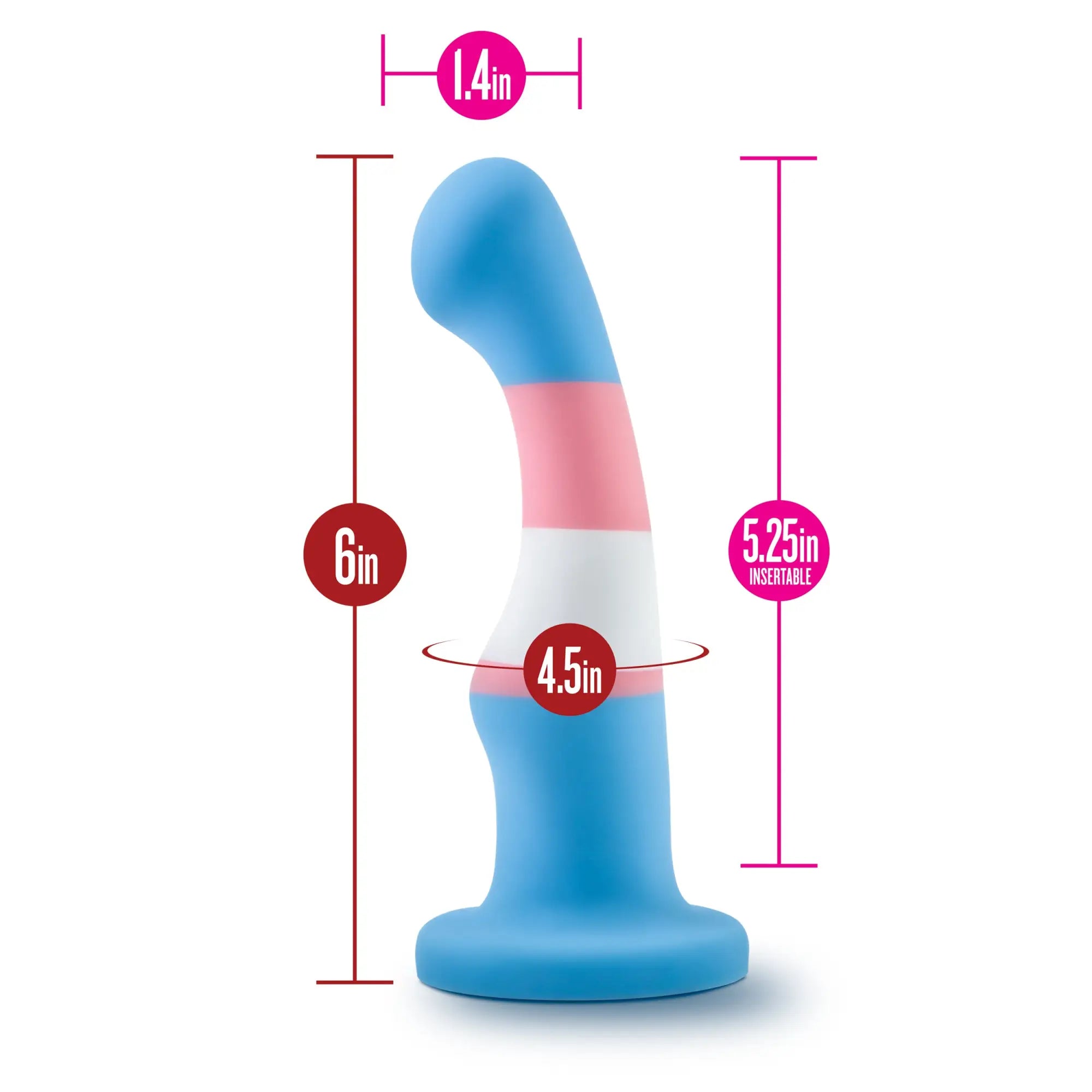 The avant avant pride p2 true blue silicone dildo is a blue pink and white striped toy with a curved handle
