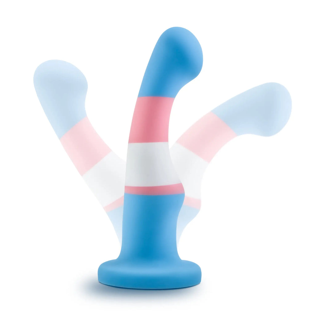 Avant Avant Pride P2 true blue silicone dildo with blue pink and white stripes and dual curved arms for pleasure