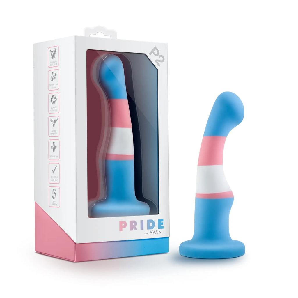 Avant pride p2 true blue silicone dildo with blue pink white stripes and a curved handle for easy grip