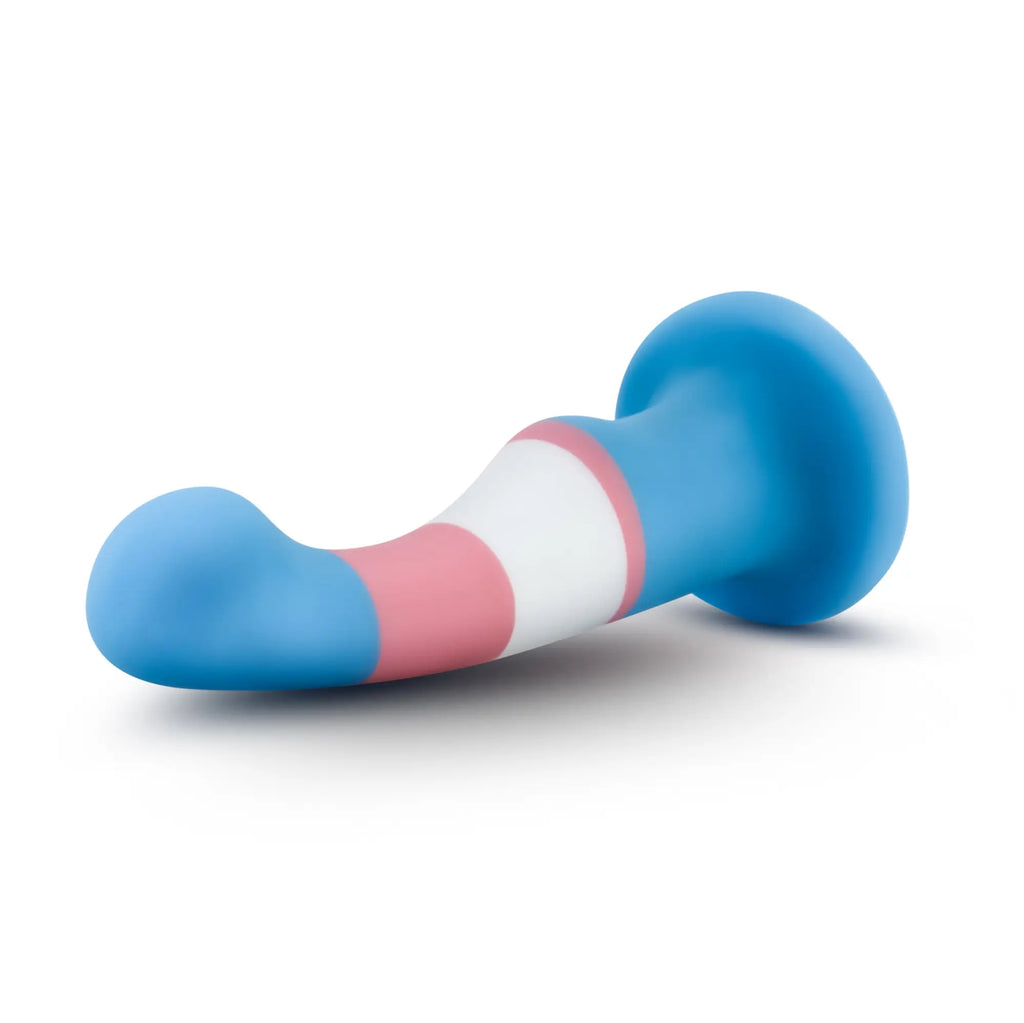 Avant avant pride p2 true blue silicone dildo in blue pink and white striped silicone with a rounded head