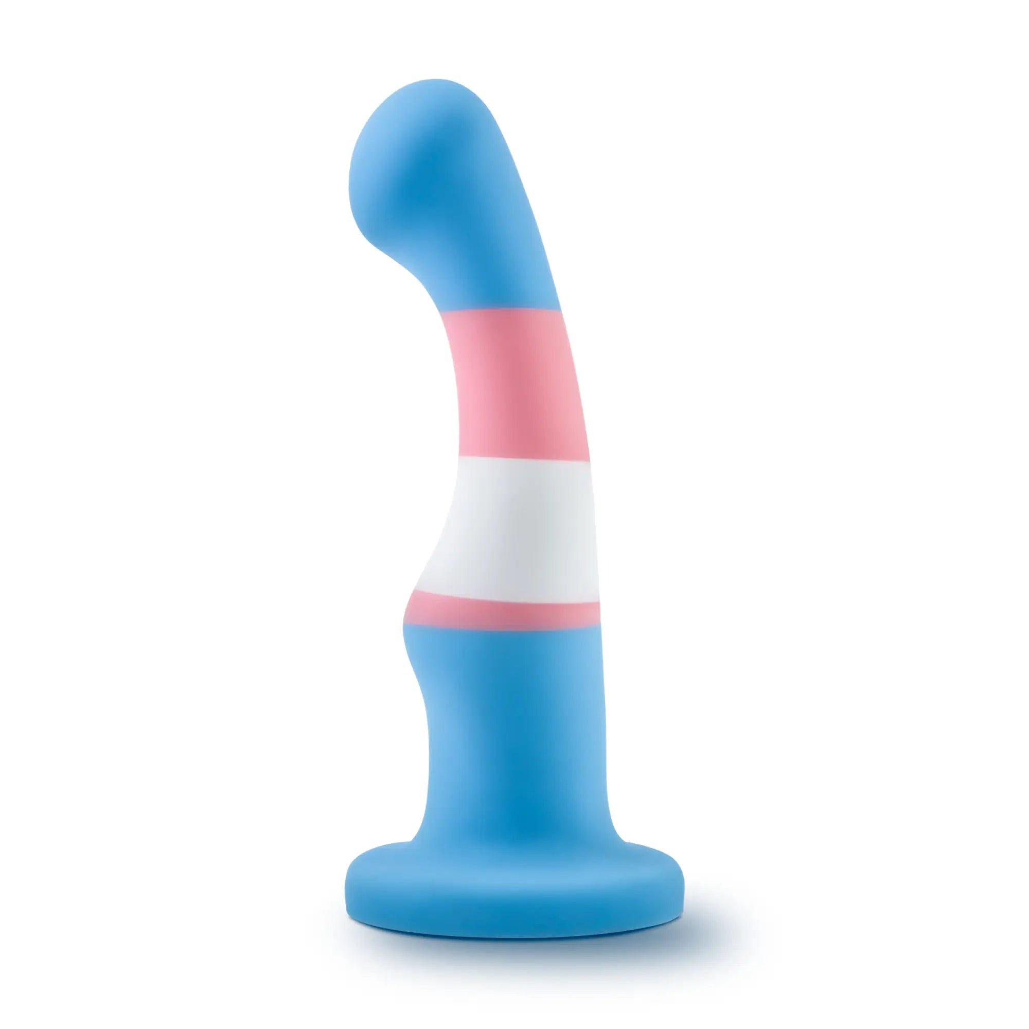 Blue pink and white striped silicone dildo with curved design from avant avant pride p2 true blue collection