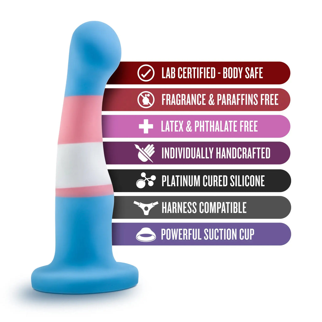 Avant Avant Pride P2 true blue silicone dildo with suction cup base in blue pink and white transgender flag colors