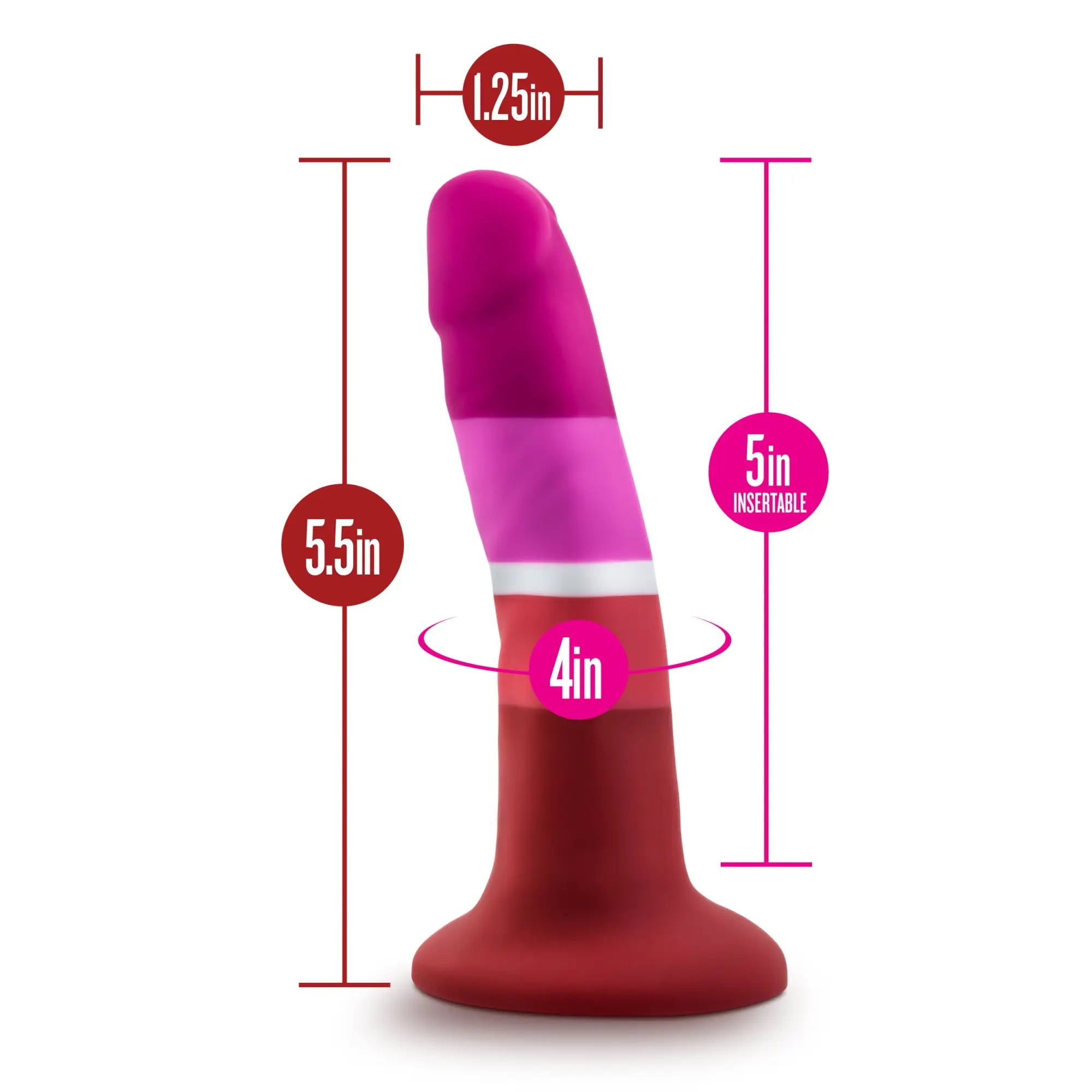 A vibrant pink and red silicone dildo with a white band, 5.5 inch total length, Avant Avant Pride P3 Beauty model