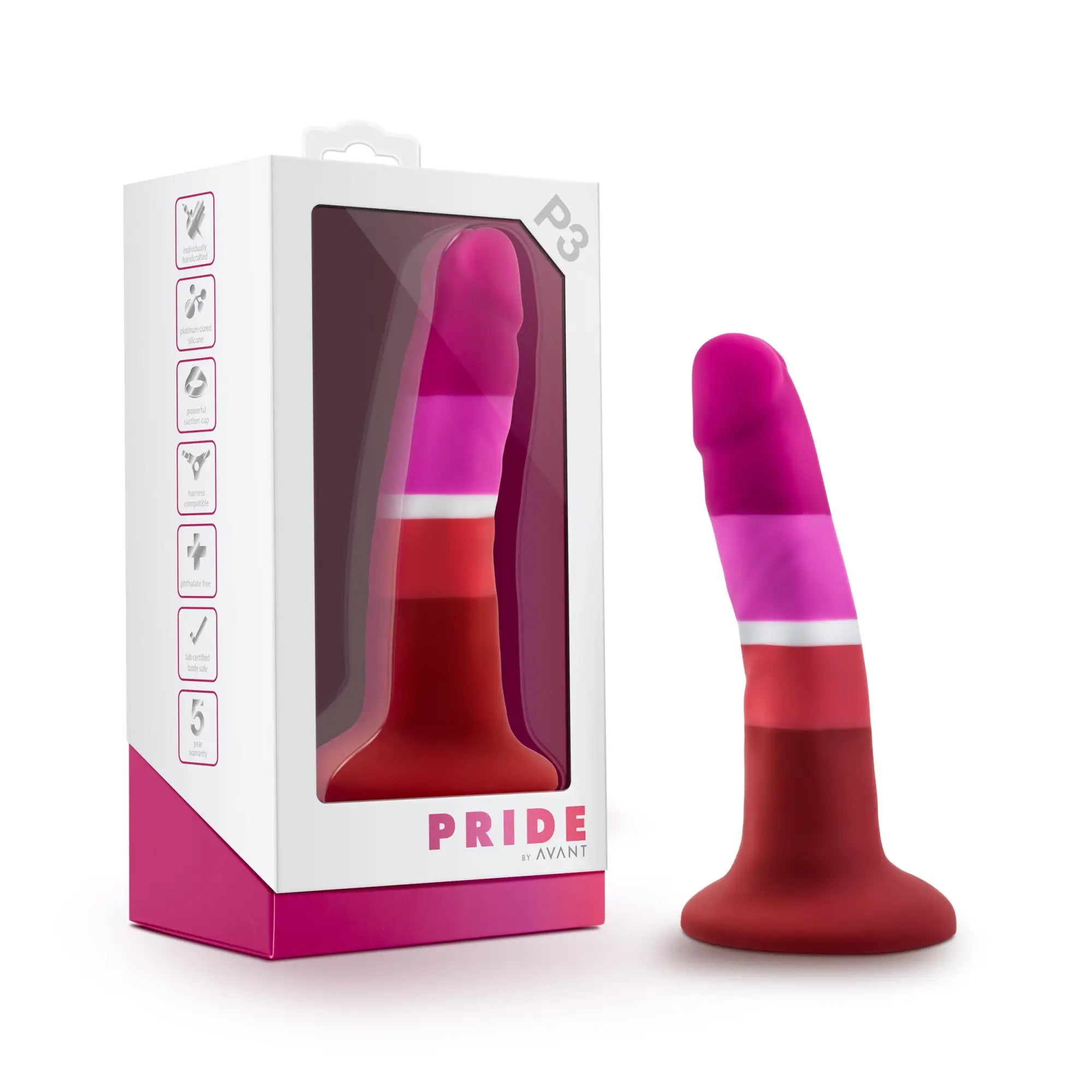 A vibrant pink and red striped silicone dildo from avant pride model p3 designed for beauty and pleasure