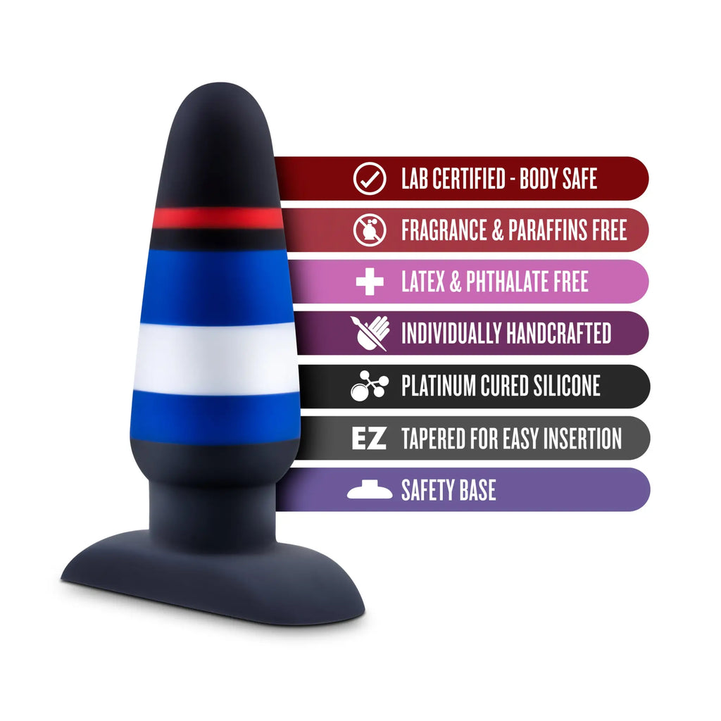 Black silicone anal plug with bold red blue and white horizontal stripes from avant pride p4 power play series