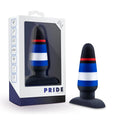 Black silicone anal plug with bold blue white and red horizontal stripes from Avant Avant Pride P4 Power Play collection