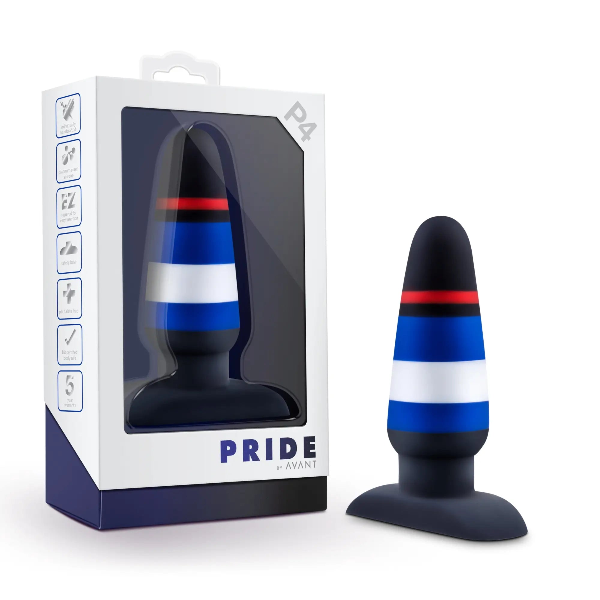 Black silicone anal plug with bold blue white and red horizontal stripes from Avant Avant Pride P4 Power Play collection