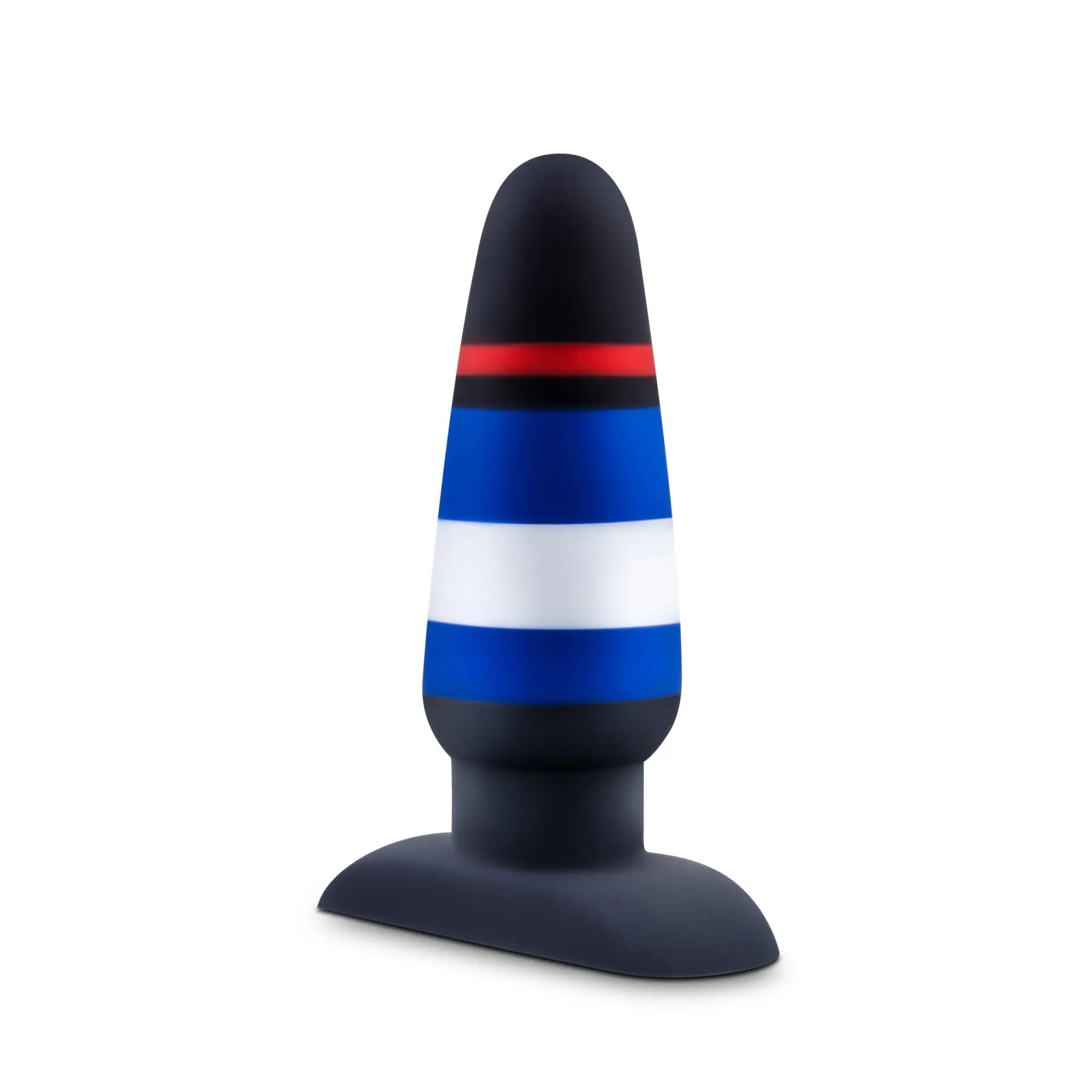 Avant avant pride p4 power play black silicone butt plug with bold red blue and white horizontal stripes