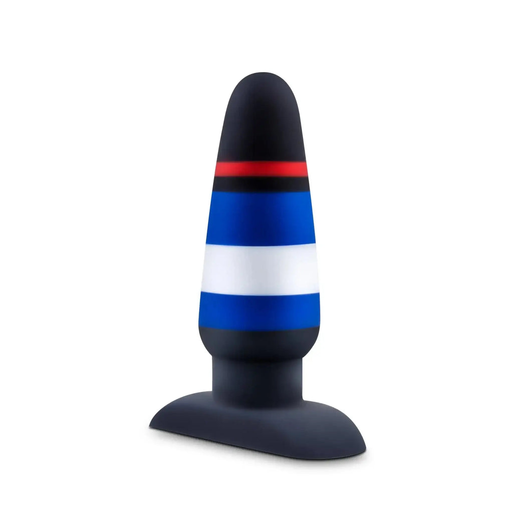 Avant avant pride p4 power play black silicone butt plug with bold red blue and white horizontal stripes