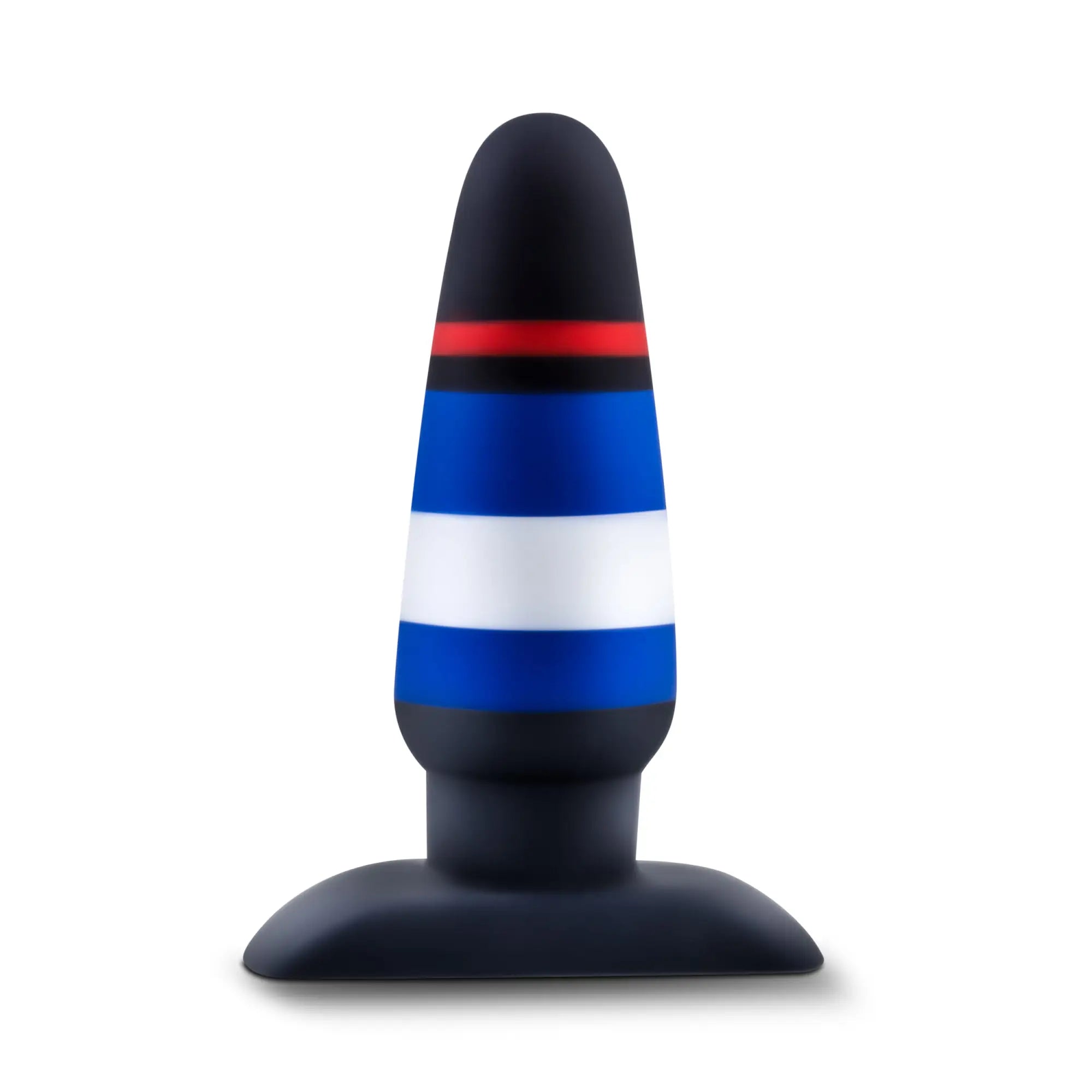 A sleek black silicone Avant Avant Pride P4 power play butt plug with red blue and white stripes near the top