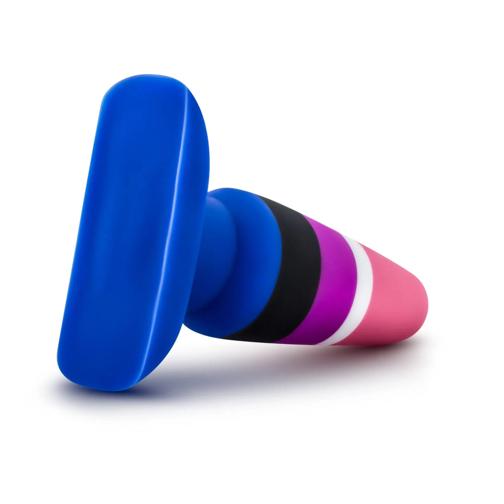 Avant Avant Pride P5 fluid silicone butt plug in blue black purple and pink stripes with a wide handle