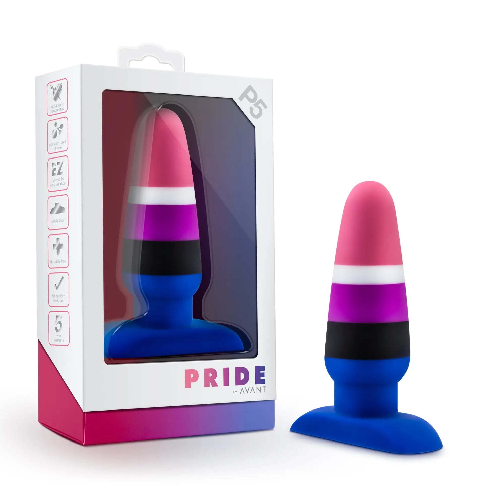 Vibrant avant avant pride p5 fluid silicone anal plug with tapered bi pride colors and wide base for stability