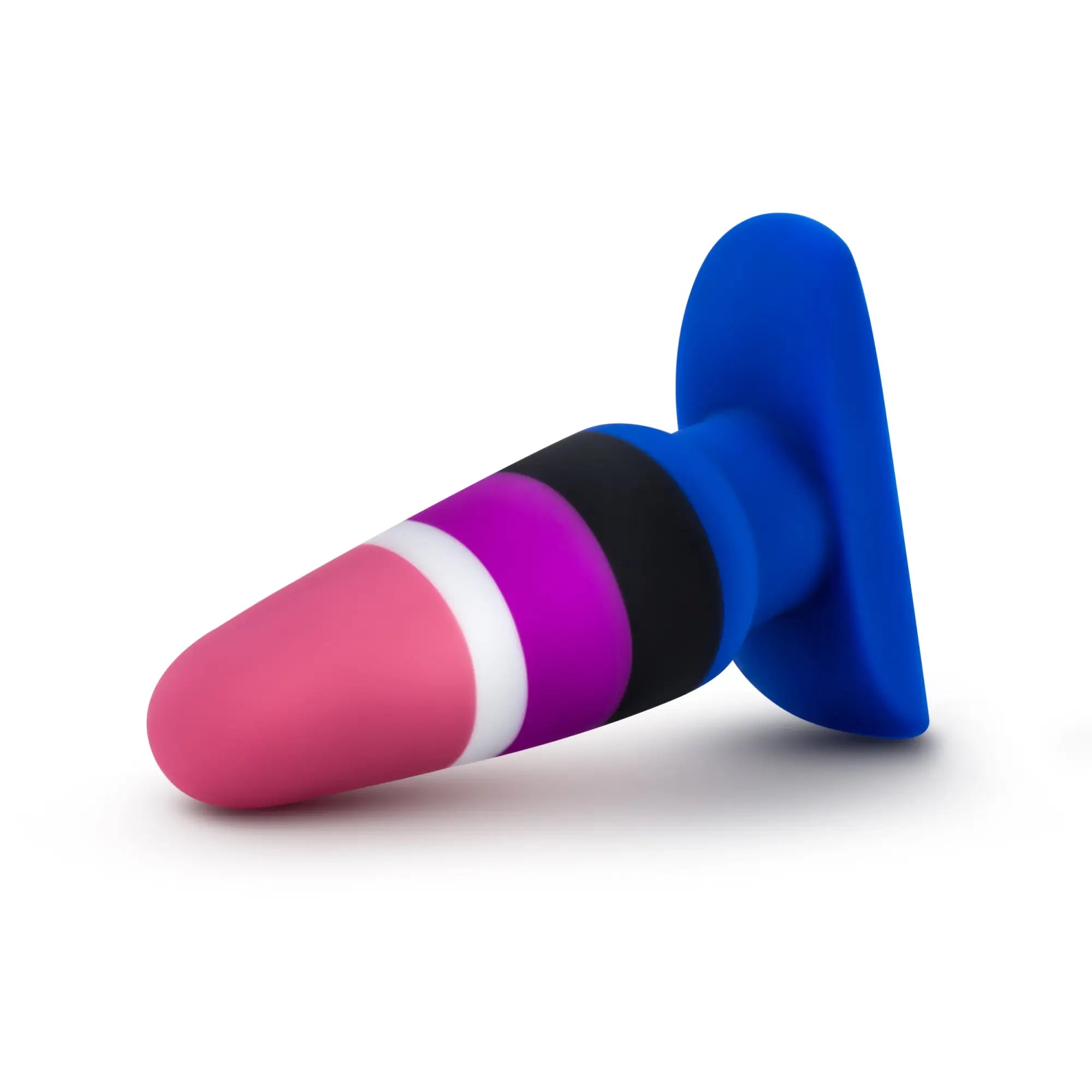 Avant Avant Pride P5 fluid silicone butt plug with vibrant pink tip purple black stripes white band and blue base