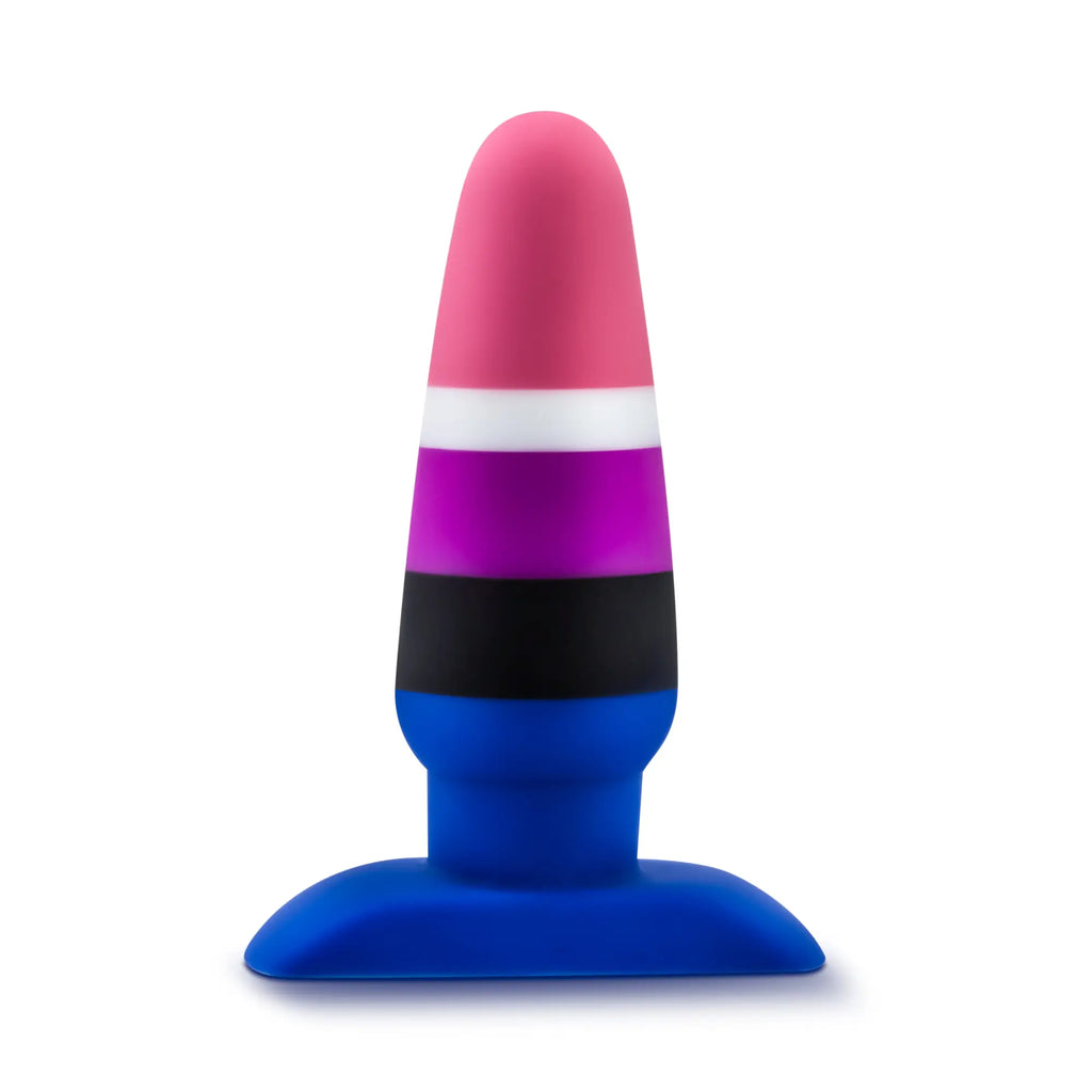 Avant Avant Pride P5 fluid silicone butt plug with vibrant pink white purple black and blue colors