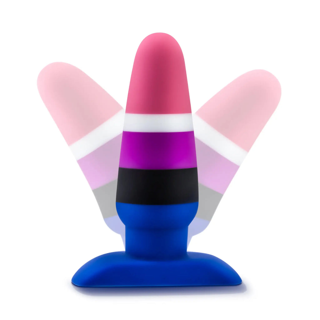A vibrant multi-colored avant avant pride p5 fluid silicone anal plug with non-binary pride flag stripes