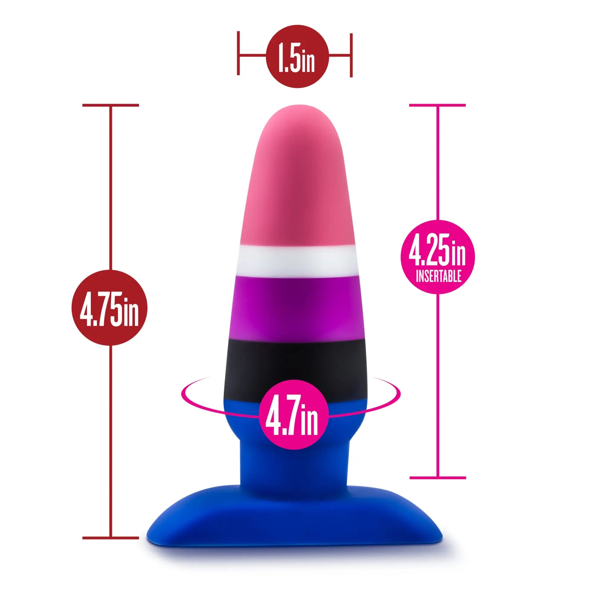Avant avant pride P5 fluid silicone butt plug multicolored with pink top white purple bands black middle and blue base