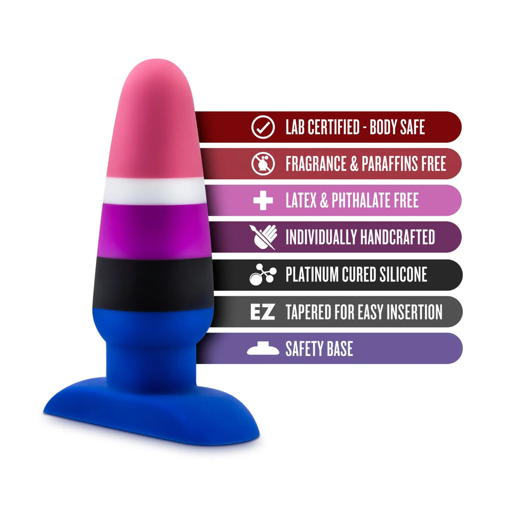 Avant Avant Pride P5 vibrant pink purple and blue fluid silicone butt plug with safety base for comfortable use
