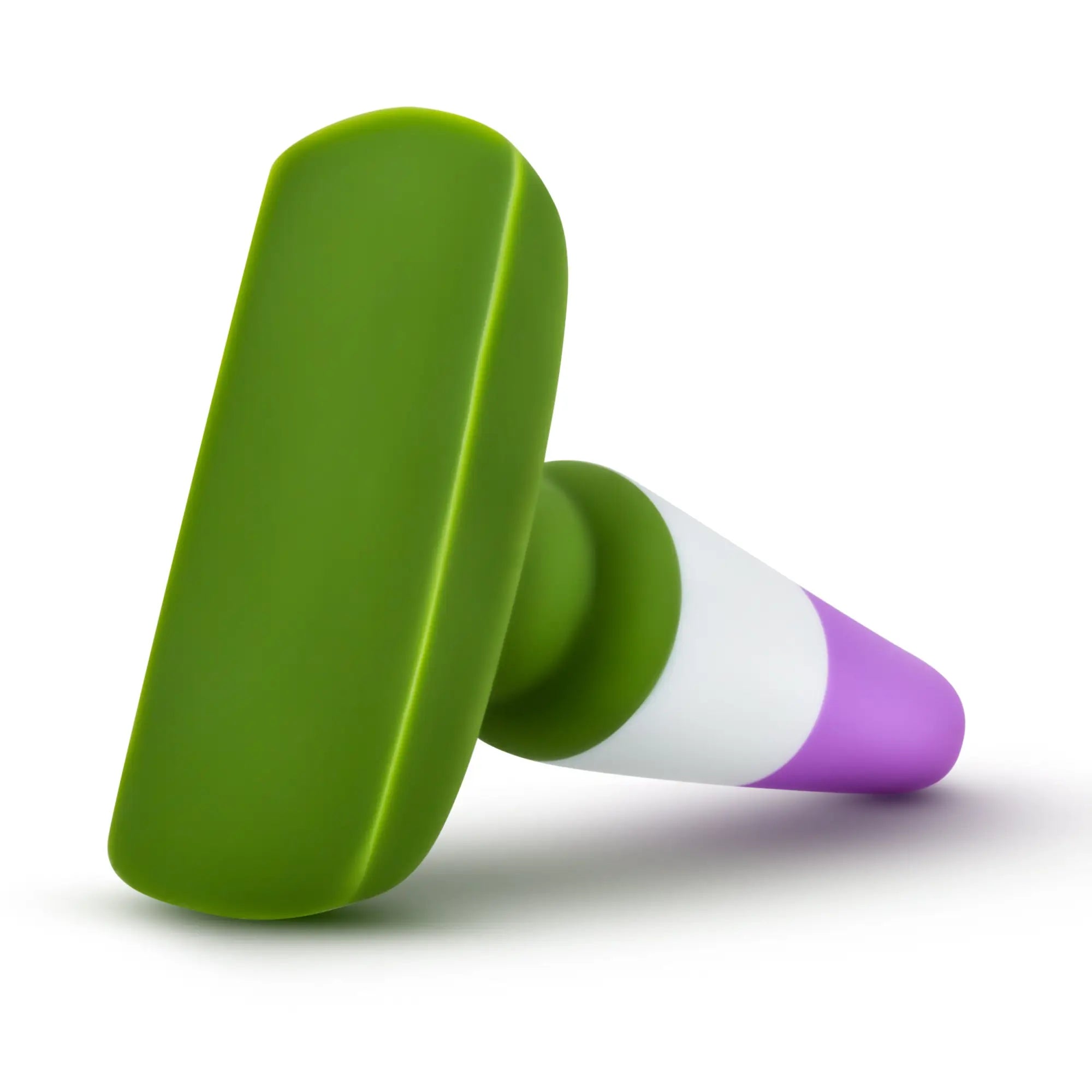 Avant avant pride p6 beyond silicone butt plug in green and purple with white band and vibratory feature
