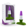 Avant Avant Pride P6 beyond silicone butt plug in purple white and green with flared base visible from back side