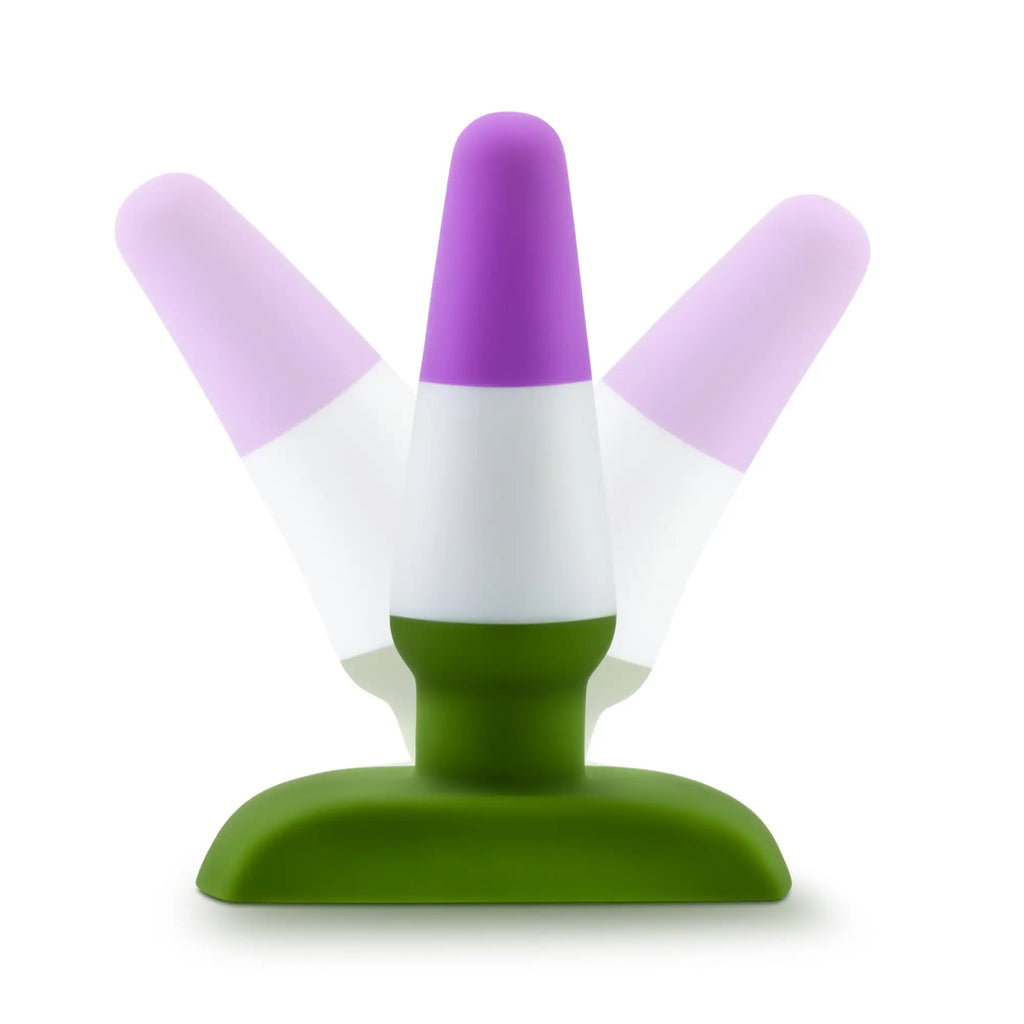 Avant Avant Pride P6 beyond silicone butt plug shaped like a purple and white ice cream cone with a green base
