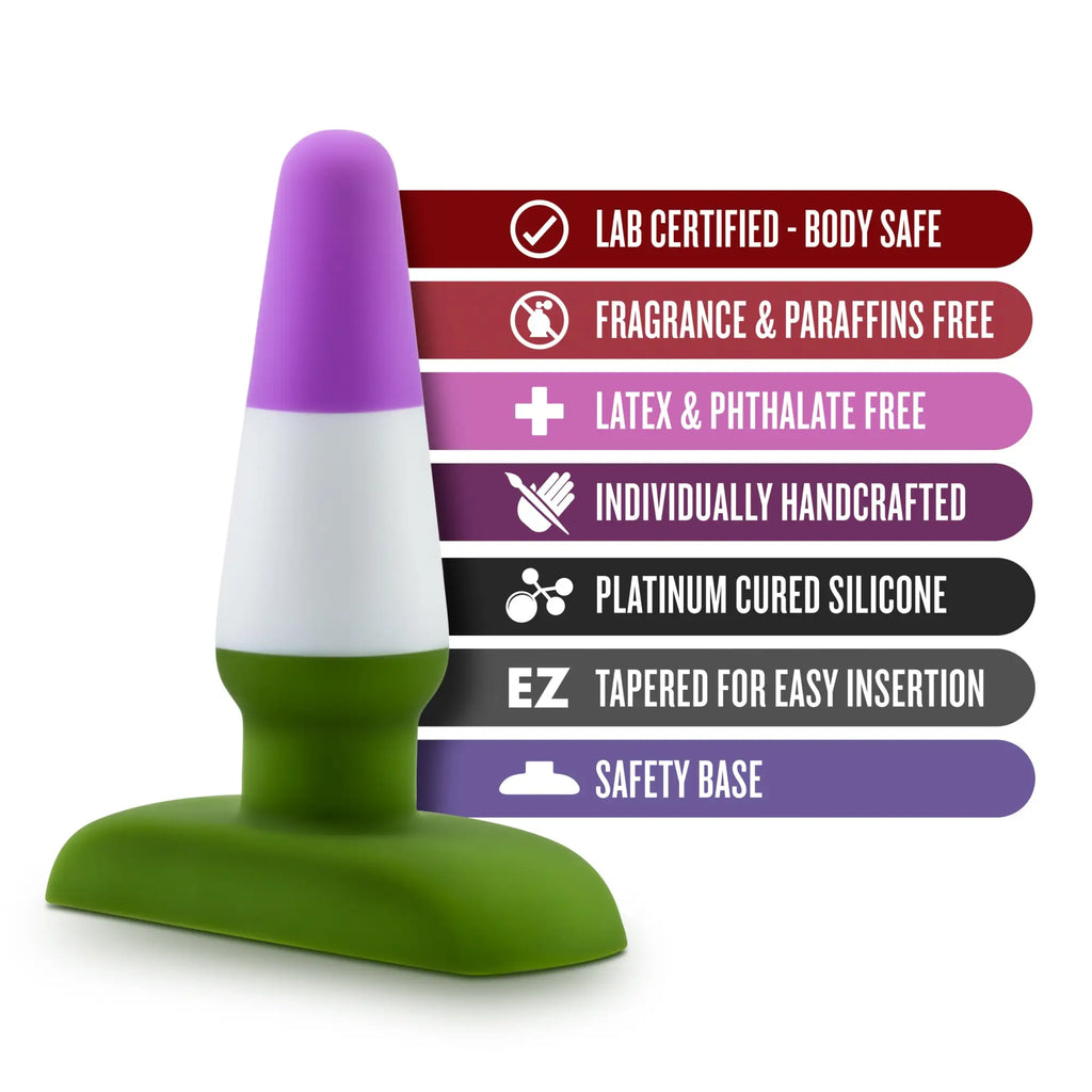 Avant Avant Pride P6 beyond silicone anal plug in three-toned purple white and green with a safety base