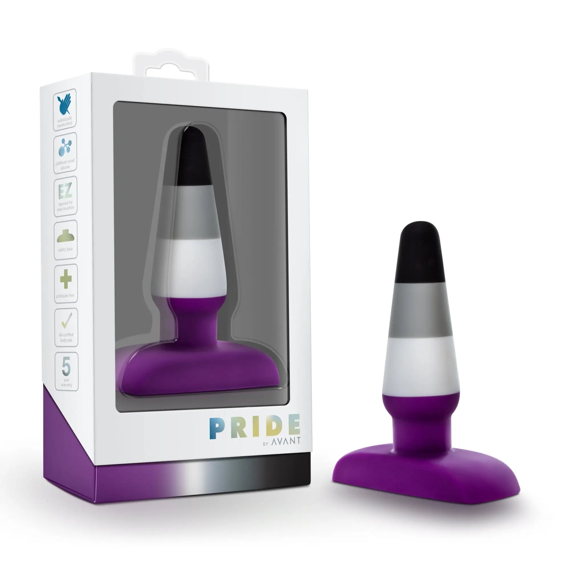Purple and black silicone butt plug with a silver band designed by Avant in the Avant Pride P7 Ace collection