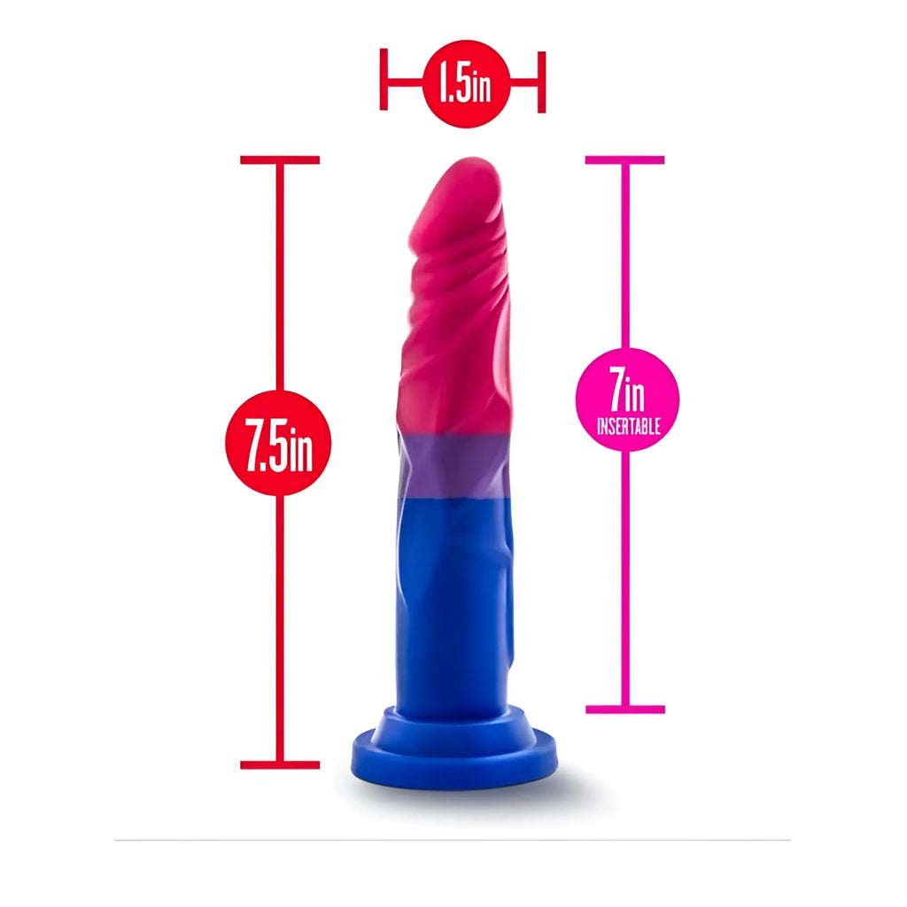 Avant Avant Pride P8 silicone dildo in vibrant pink and blue with textured ribbed upper section and smooth lower shaft