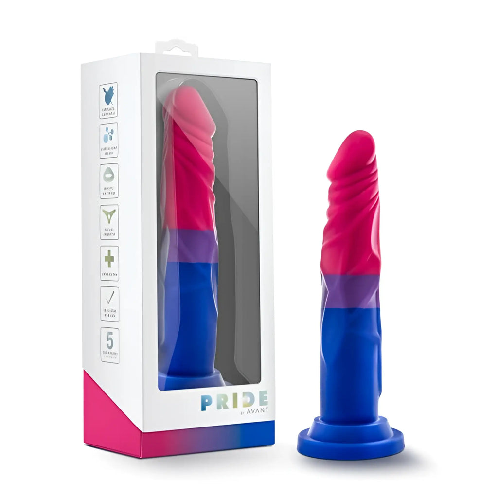A vibrant pink and blue pride-themed silicone dildo by Avant with smooth surface and distinct color bands
