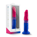A vibrant pink and blue pride-themed silicone dildo by Avant with smooth surface and distinct color bands