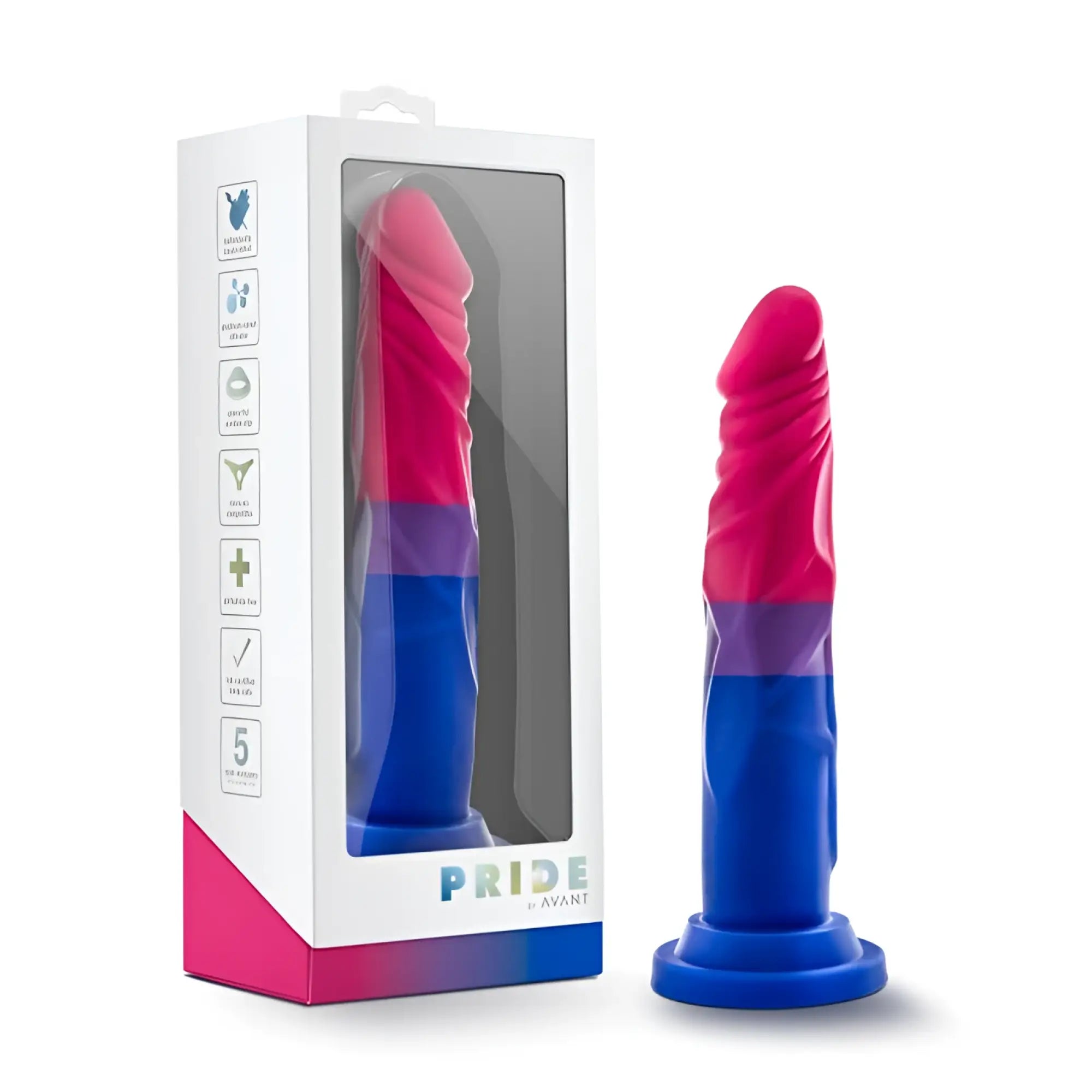 A vibrant pink and blue pride-themed silicone dildo by Avant with smooth surface and distinct color bands