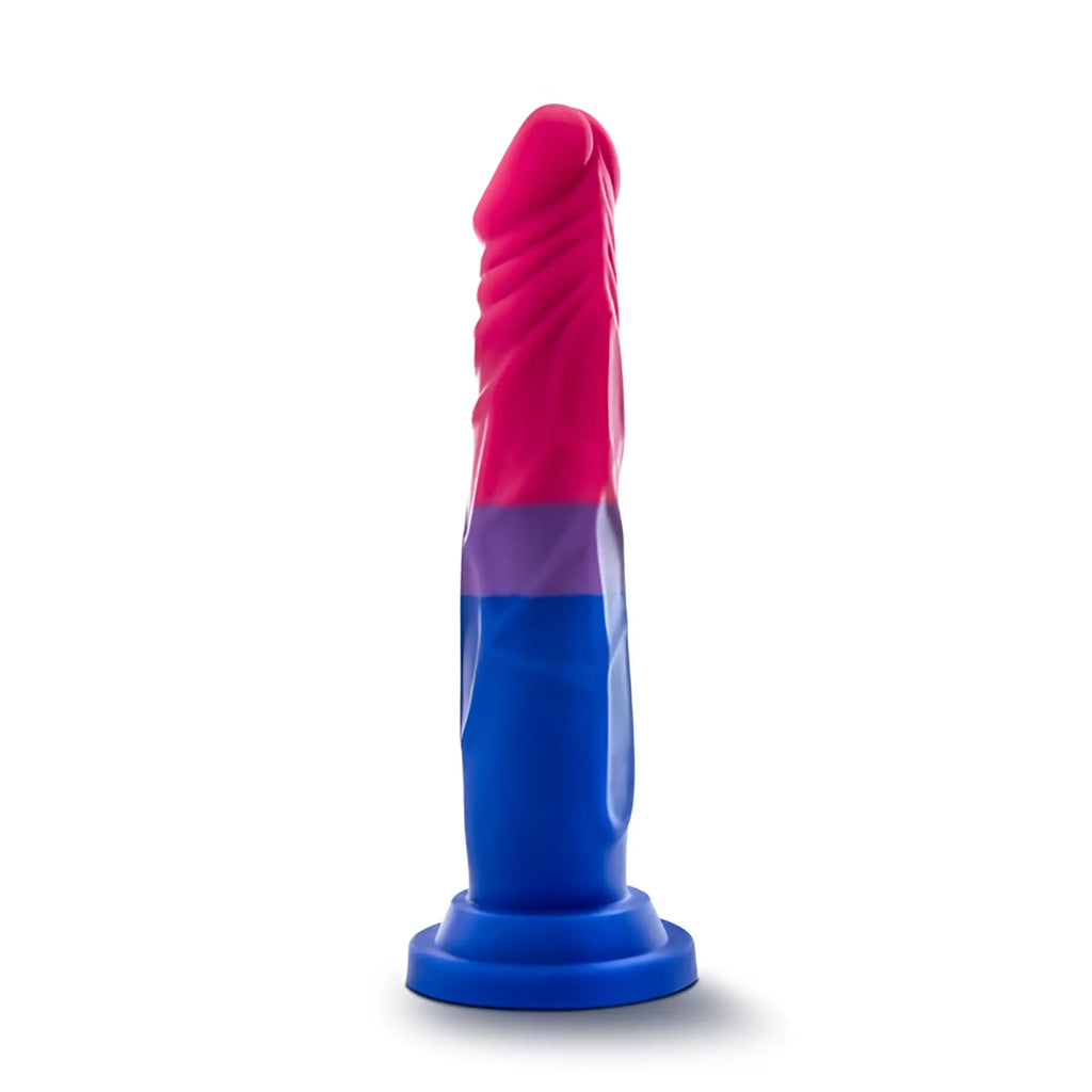 A vibrant pink purple and blue Avant Avant Pride P8 silicone dildo with a textured surface for enhanced sensation
