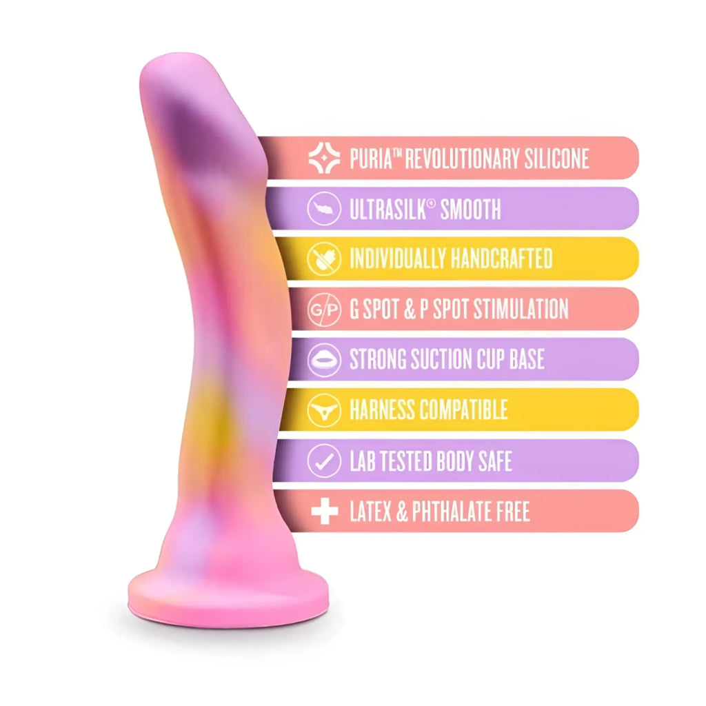 Avant avant suns out pink silicone dildo with a smooth curved design in gradient pink and purple colors