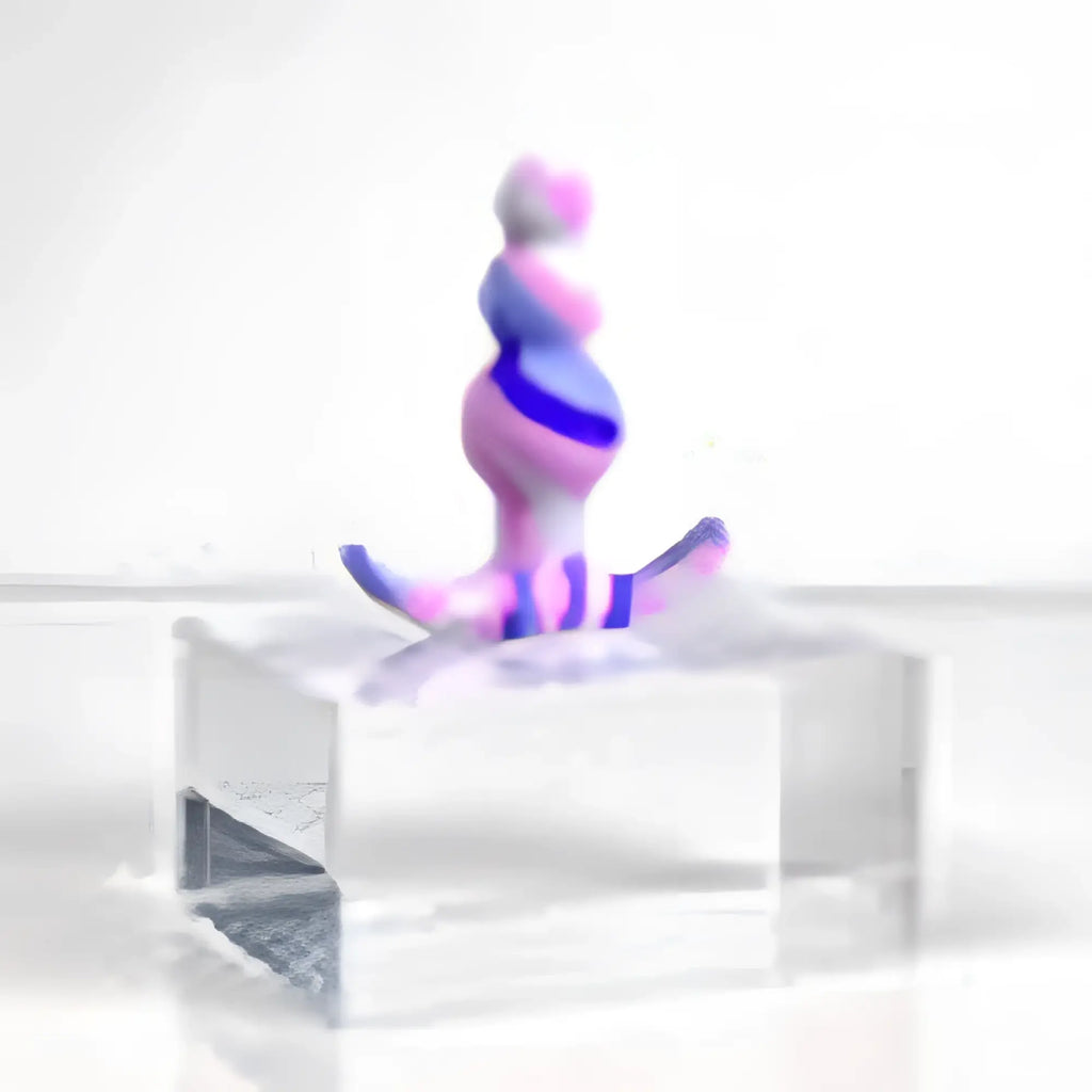 A colorful avant avant twilight blue silicone butt plug with pink and blue striped abstract design on clear acrylic base