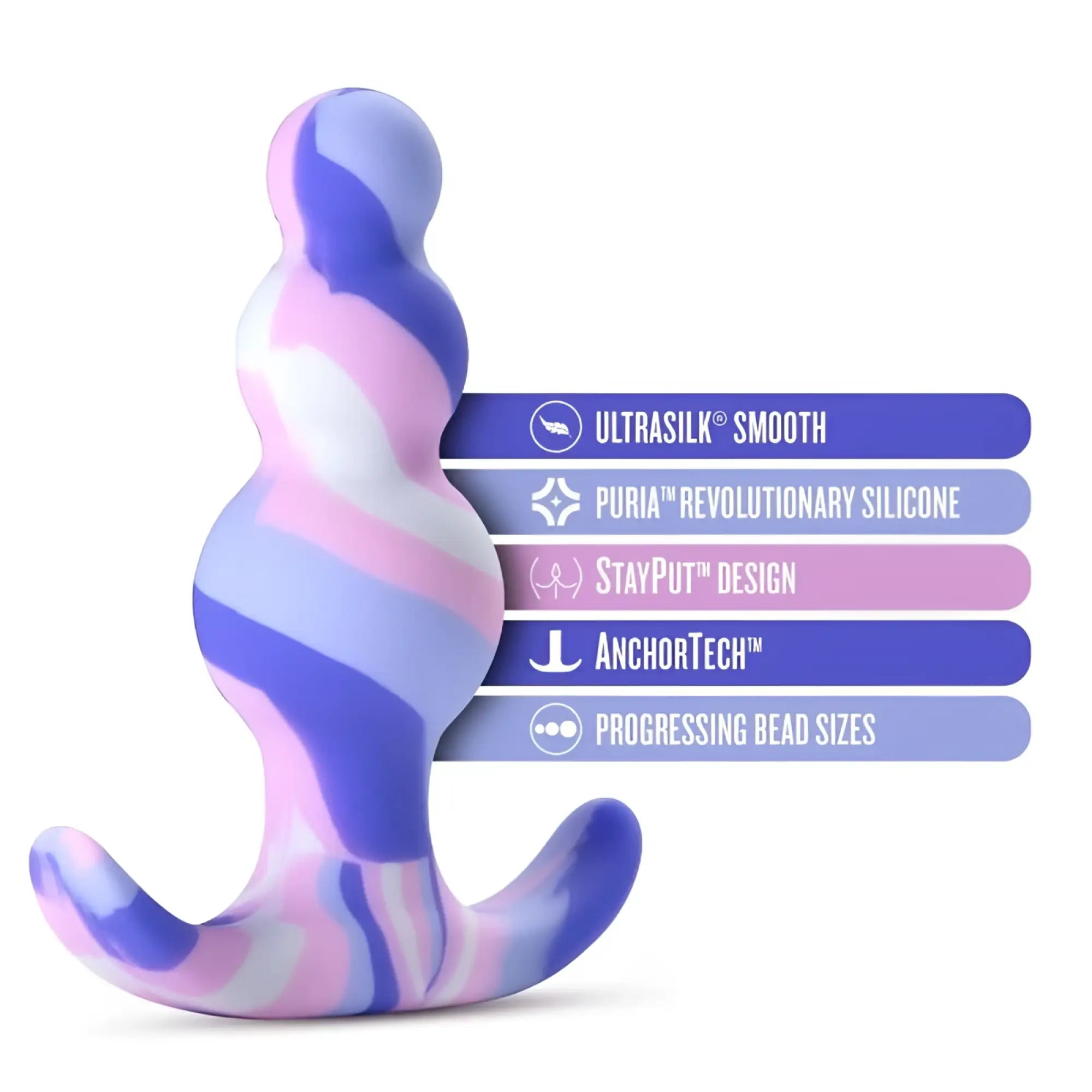 Avant avant twilight blue silicone butt plug in pastel purple and pink swirl with curved base for comfortable use