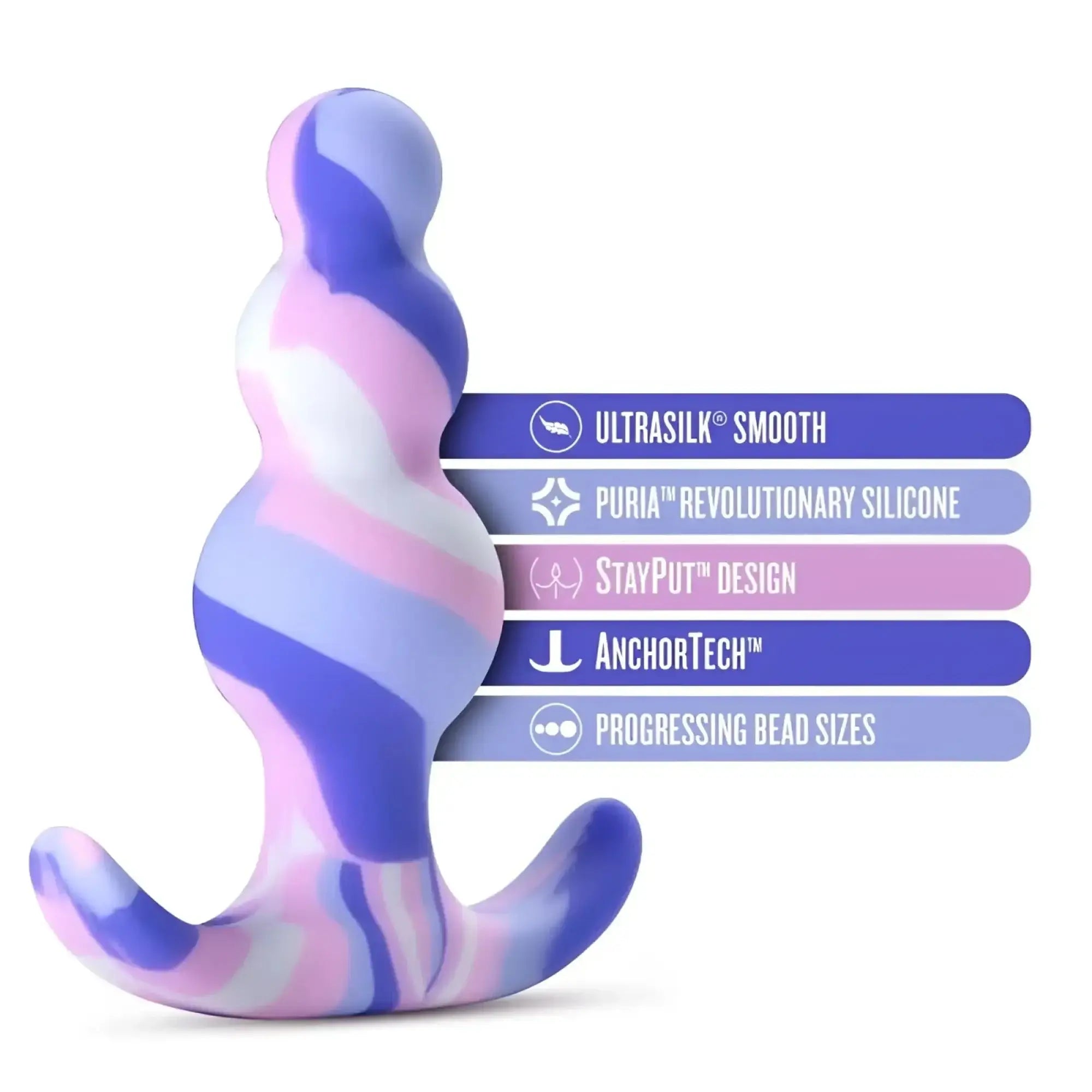 Avant avant twilight blue silicone butt plug in pastel purple and pink swirl with curved base for comfortable use