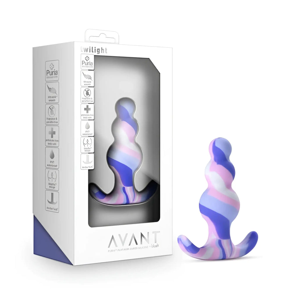A sleek swirled purple and pink silicone anal plug with a curved base from avant avant twilight blue collection