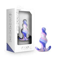 A sleek swirled purple and pink silicone anal plug with a curved base from avant avant twilight blue collection