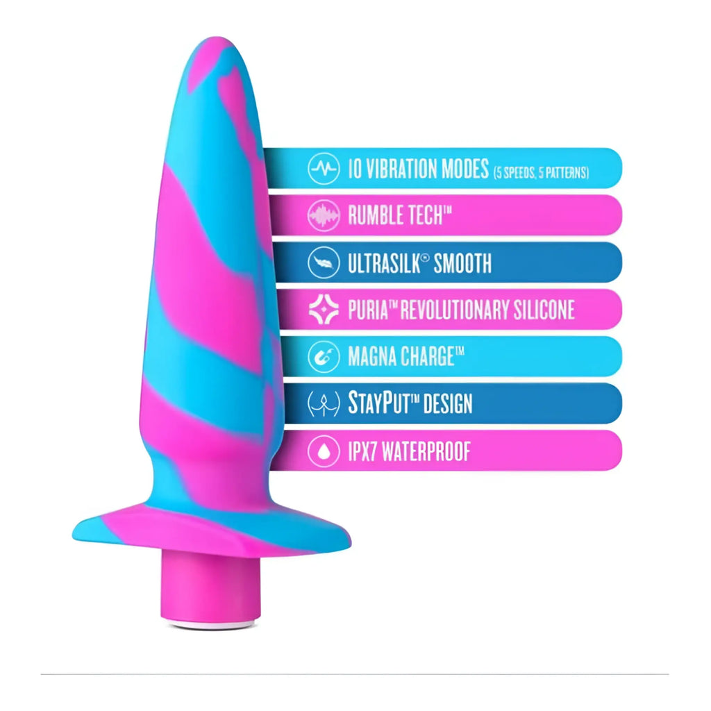 A vibrant pink and blue striped silicone mini anal vibe with flared base by puria in fuchsia color