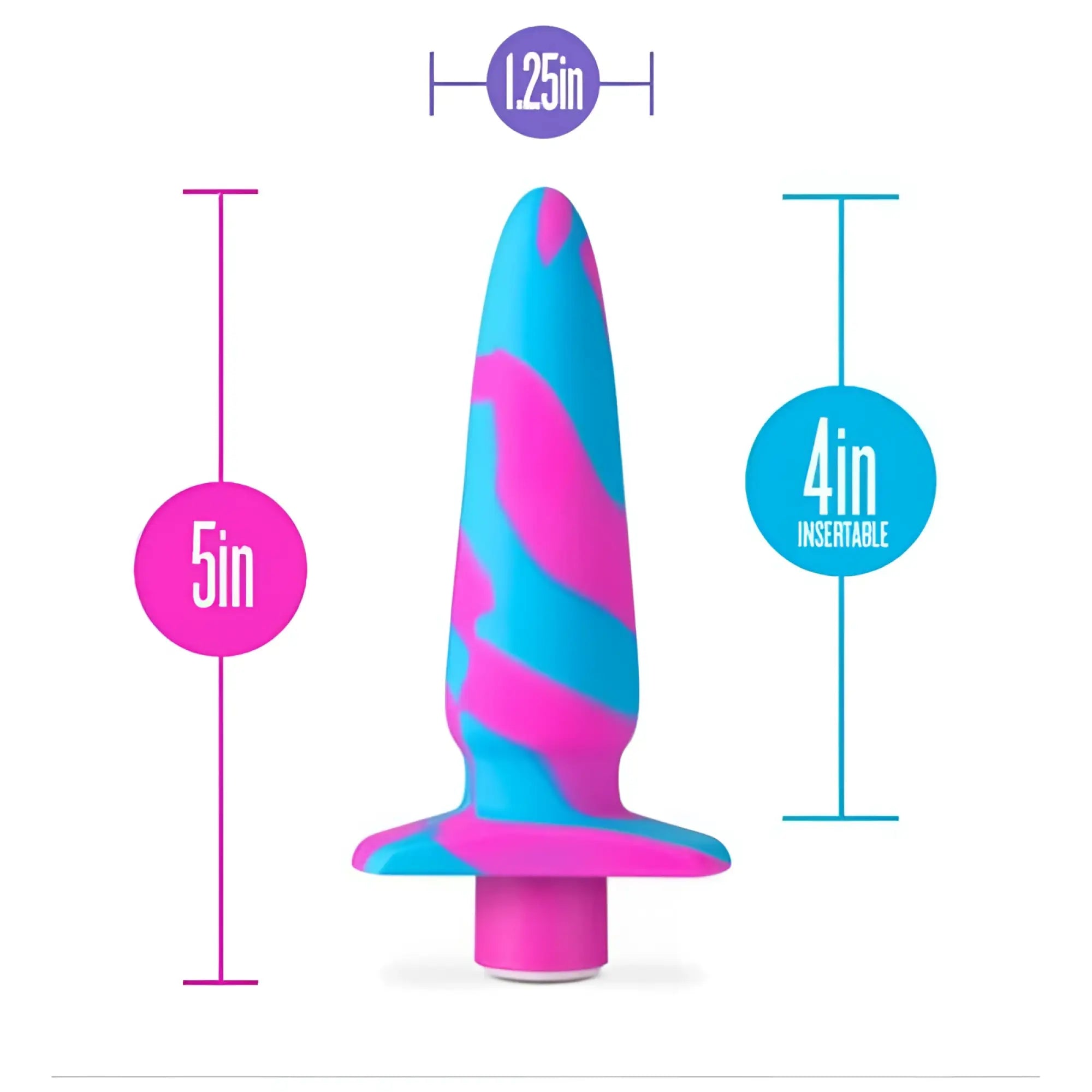 Avant Avant Vibrotize silicone mini anal vibe in vibrant pink and blue swirl with flared base