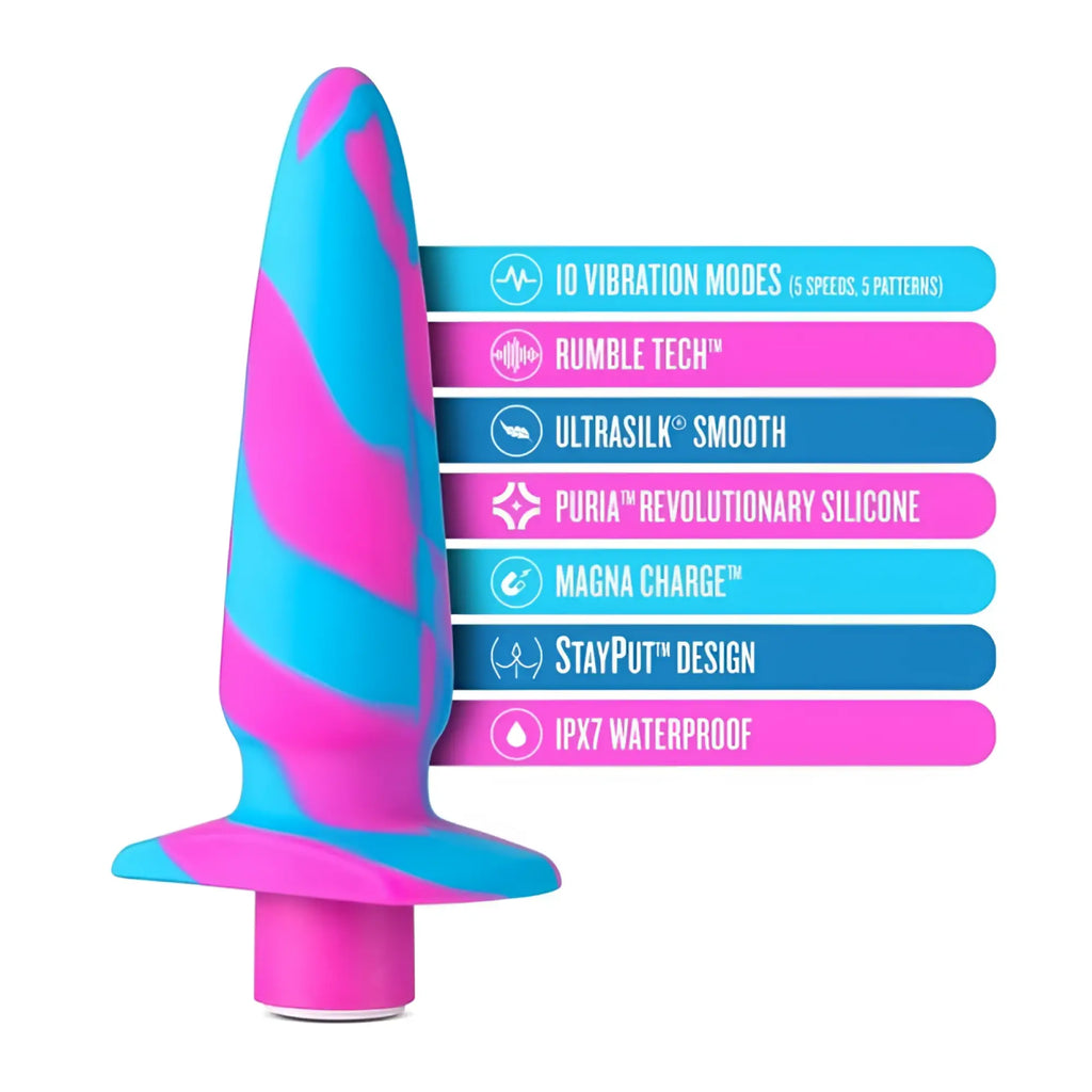 A vibrant pink and turquoise striped silicone anal plug with wide base featuring puria branding from Avant Avant Vibrotize