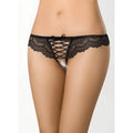 Black lace thong with intricate floral patterns and crisscross lacing from axami lingerie brazilian open crotch panty black xl