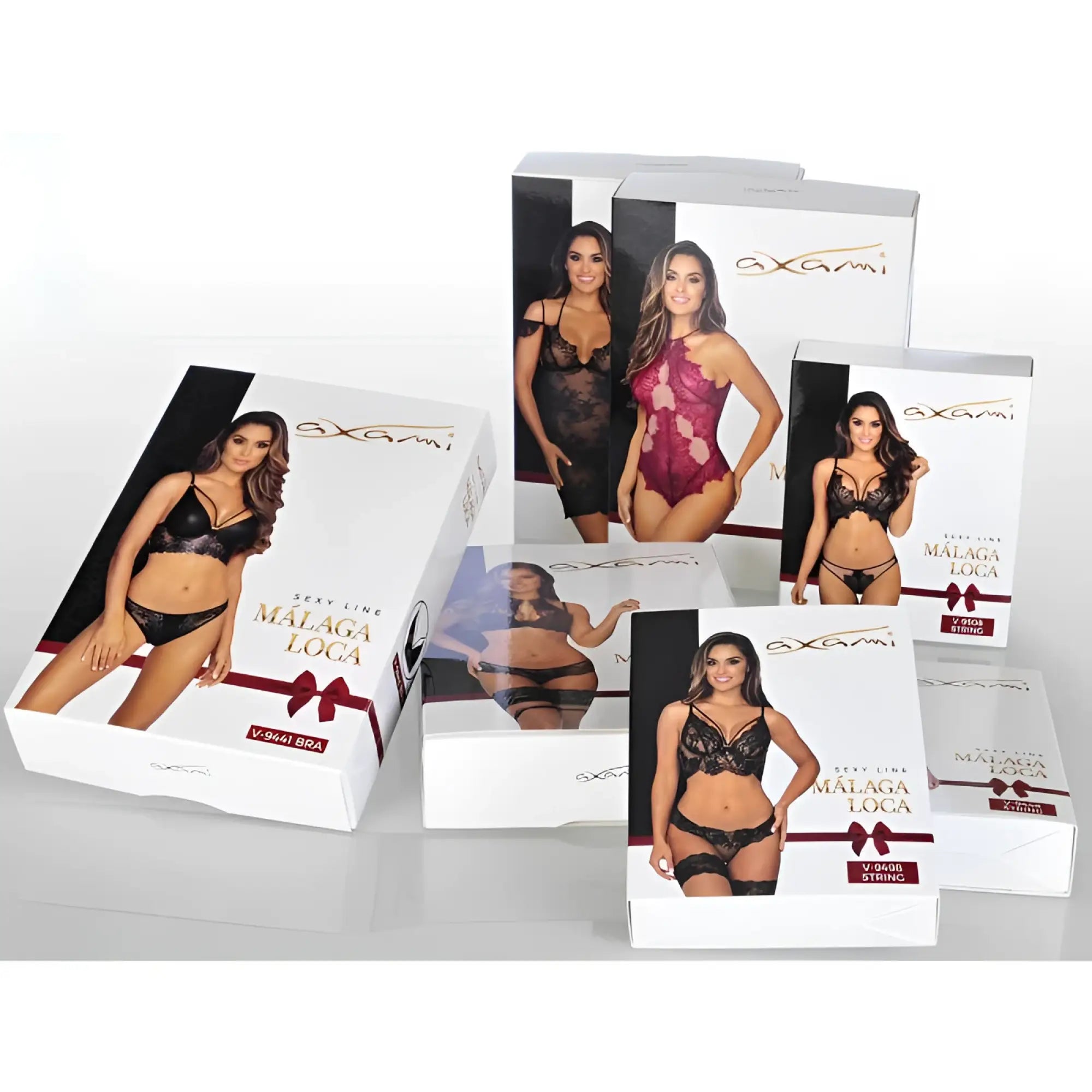 Black lace open front g-string lingerie set in sleek white box with maroon ribbon by Axami in size small